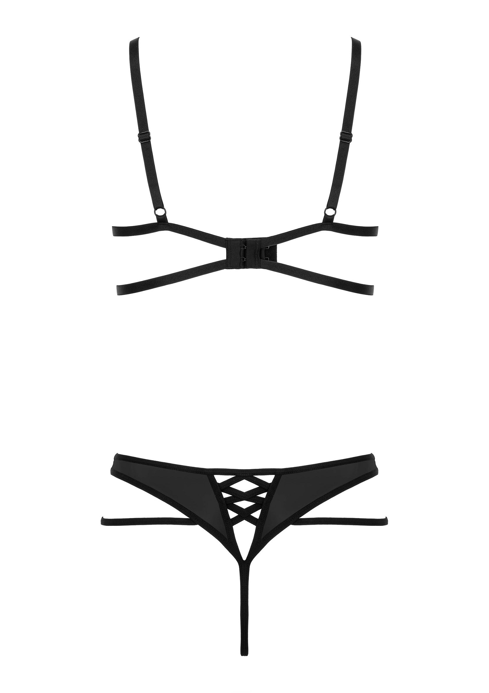 Ensemble de lingerie noire avec soutien-gorge à bretelles et string croisé.; Zwarte lingerie set met strappy bh en kruisende string.; Black lingerie set featuring a strappy bra and criss-cross thong.