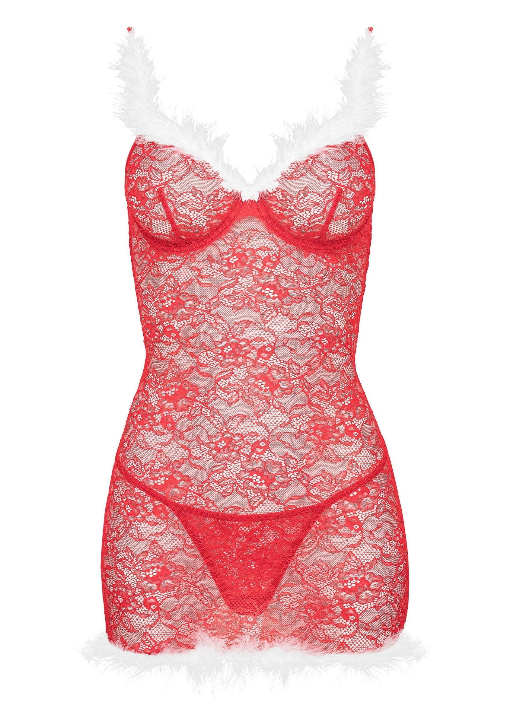 Nuisette rouge en dentelle avec garniture en fausse fourrure blanche. Lingerie de Noël sexy et festive.; Rode kanten babydoll met witte faux fur afwerking. Sexy en feestelijke kerstlingerie.; Red lace babydoll with white faux fur trim. Sexy and festive Christmas lingerie.