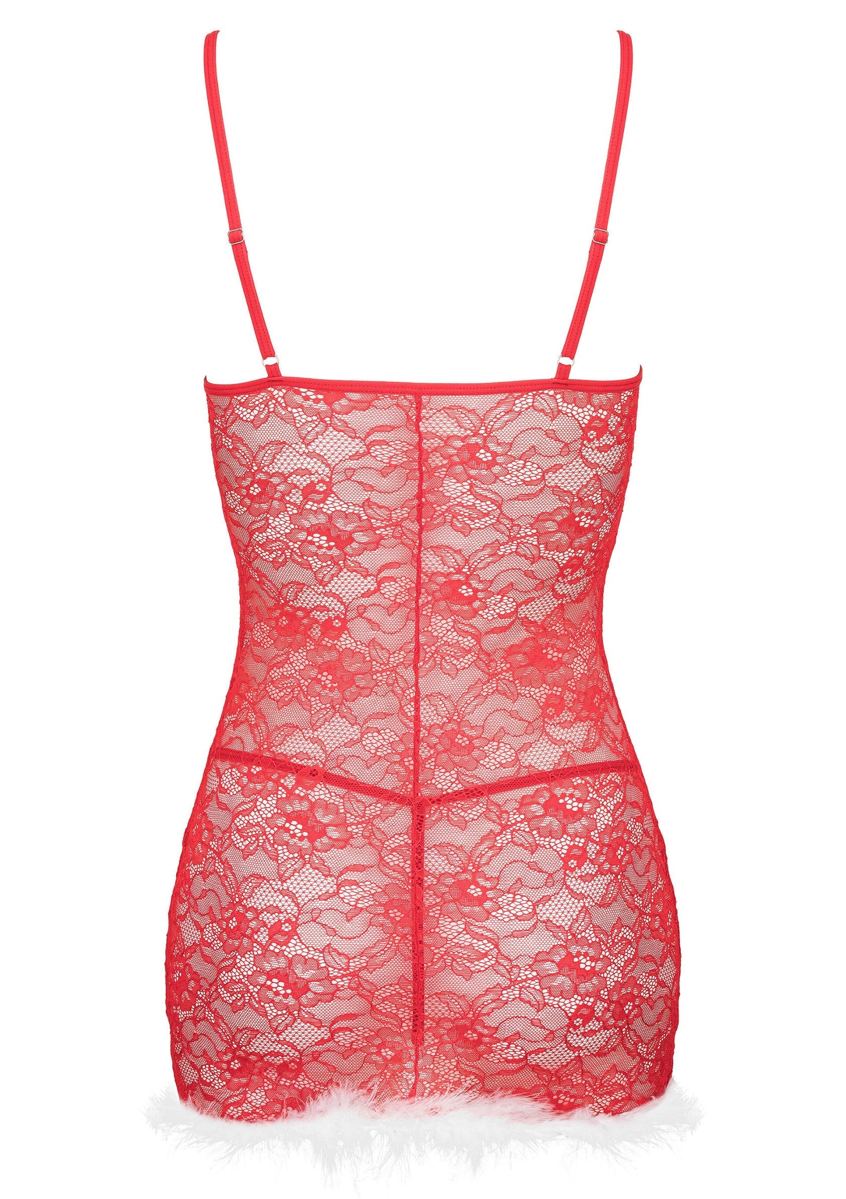 Nuisette rouge en dentelle avec garniture en plumes blanches.; Rode kanten babydoll met witte veren.; Red lace chemise babydoll with white feather trim.