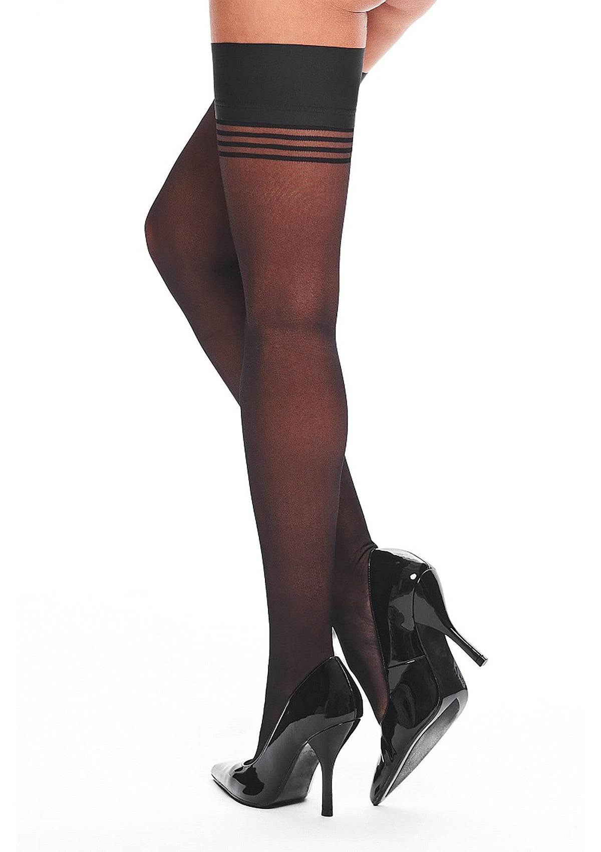 Bas autofixants noirs élégants avec jarretière rayée et talons hauts brillants. Parfait pour une touche de sensualité.; Elegante zwarte kousenbanden met gestreepte jarretel en glanzende hoge hakken. Perfect voor een sensuele touch.; Elegant black hold-ups featuring a striped garter and shiny high heels. Perfect for a sensual touch.