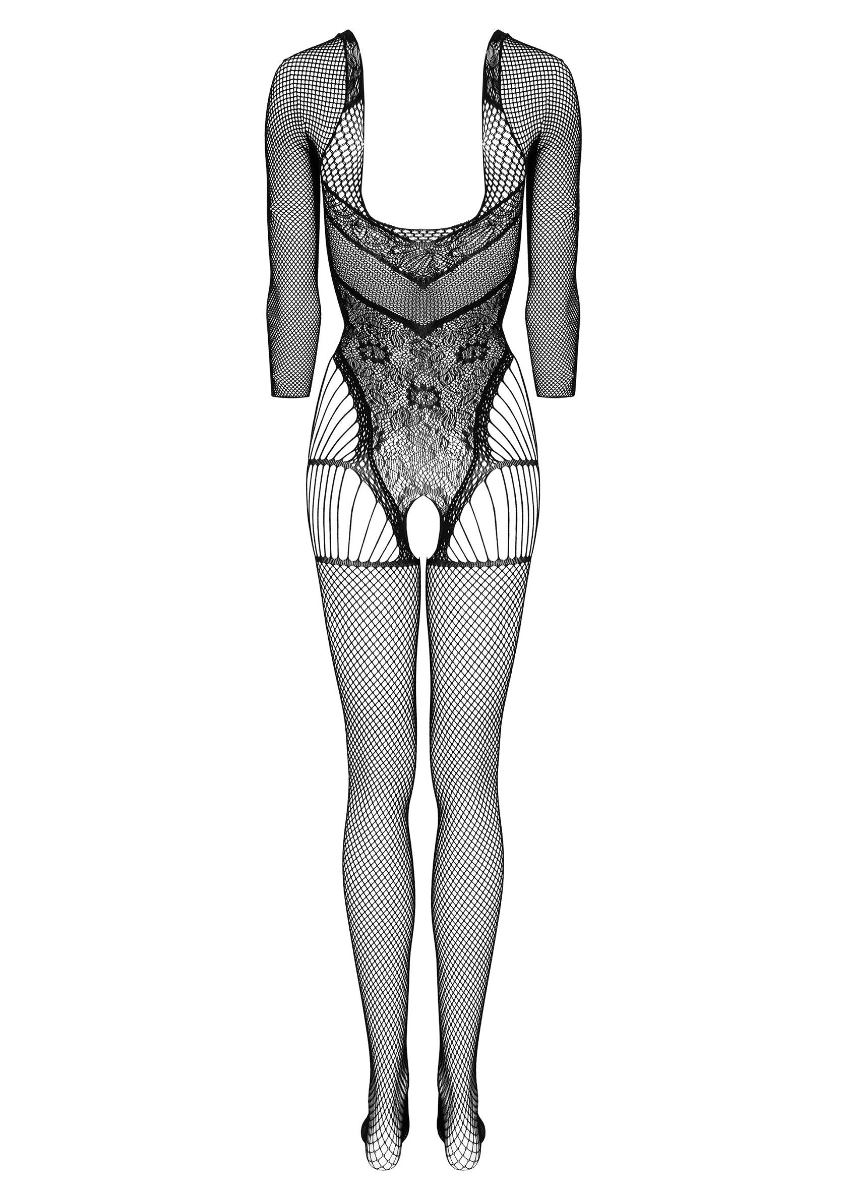 Body résille noir avec détails en dentelle. Lingerie sexy et audacieuse pour une soirée spéciale.; Zwarte visnet body met kanten details. Sexy en gewaagde lingerie voor een speciale avond.; Black fishnet body with lace details. Sexy and daring lingerie for a special night.