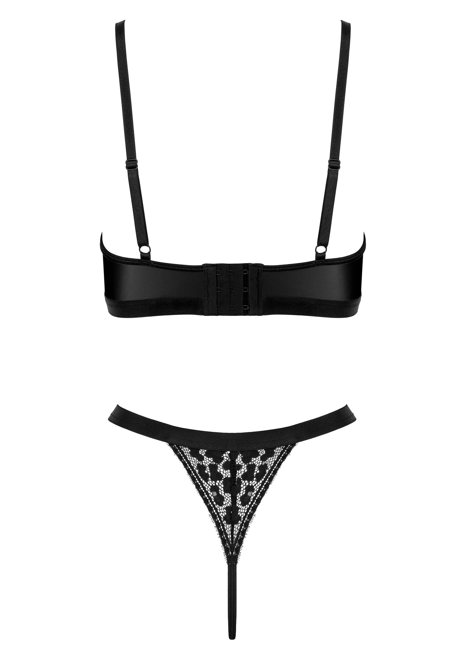 Ensemble de lingerie noir élégant avec soutien-gorge et string en dentelle. Sexy et sophistiqué.; Elegante zwarte lingerieset met beha en kanten string. Sexy en verfijnd.; Elegant black lingerie set featuring a bra and lace G-string. Sexy and sophisticated.