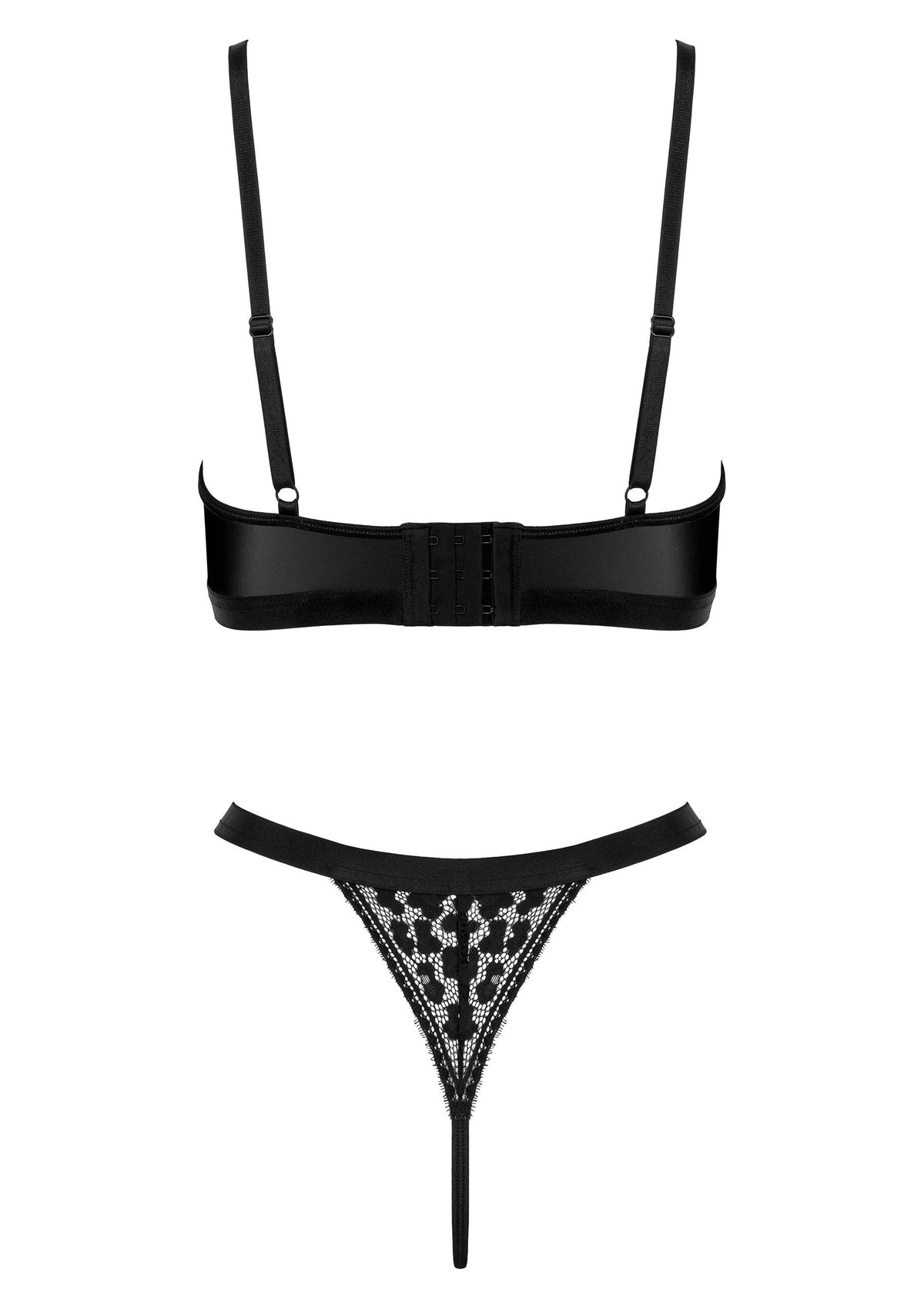 Ensemble de lingerie noir élégant avec soutien-gorge et string en dentelle. Sexy et sophistiqué.; Elegante zwarte lingerieset met beha en kanten string. Sexy en verfijnd.; Elegant black lingerie set featuring a bra and lace G-string. Sexy and sophisticated.