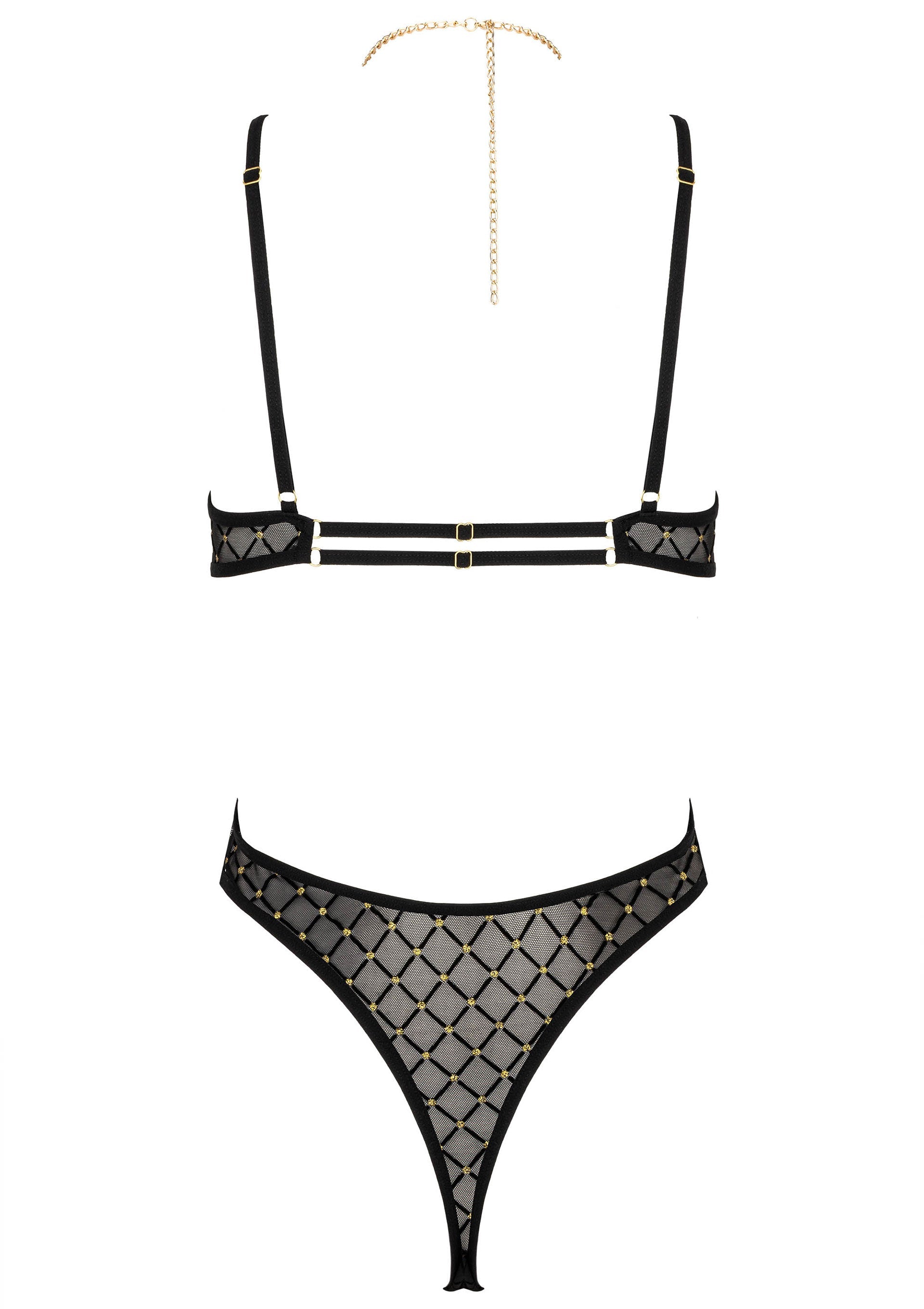 Ensemble de lingerie noir et or, soutien-gorge et string assorti.; Zwarte en gouden lingerie set, bh en bijpassende string.; Black and gold lingerie set, bra and matching thong.