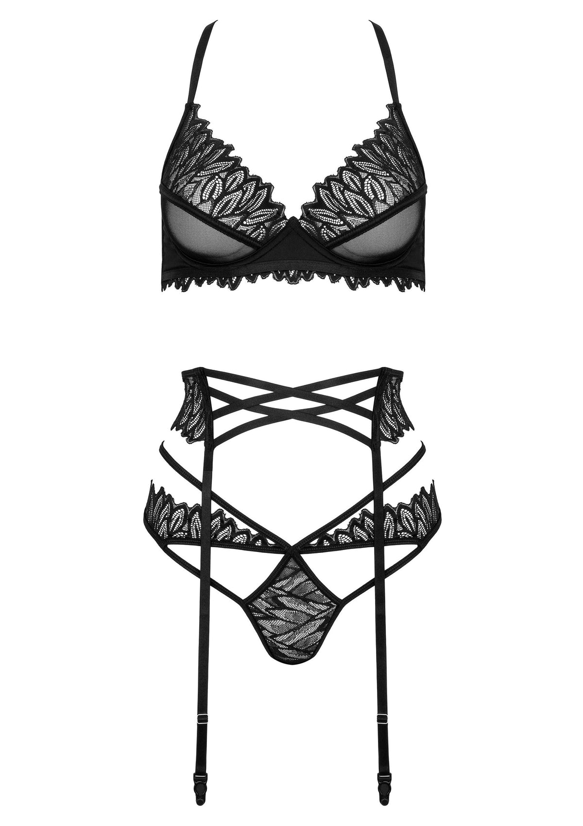 Ensemble de lingerie noir en dentelle comprenant un soutien-gorge et un porte-jarretelles.; Zwarte lingerie set met kanten details bestaande uit een bh en jarretelgordel.; Black lace lingerie set, including a bra and garter belt.
