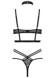 Ensemble de lingerie noir sexy avec motif léopard, comprenant un soutien-gorge, un string et un collier.; Sexy zwarte lingerie set met luipaardprint, inclusief bh, string en choker.; Sexy black lingerie set with leopard print, including bra, thong, and choker.
