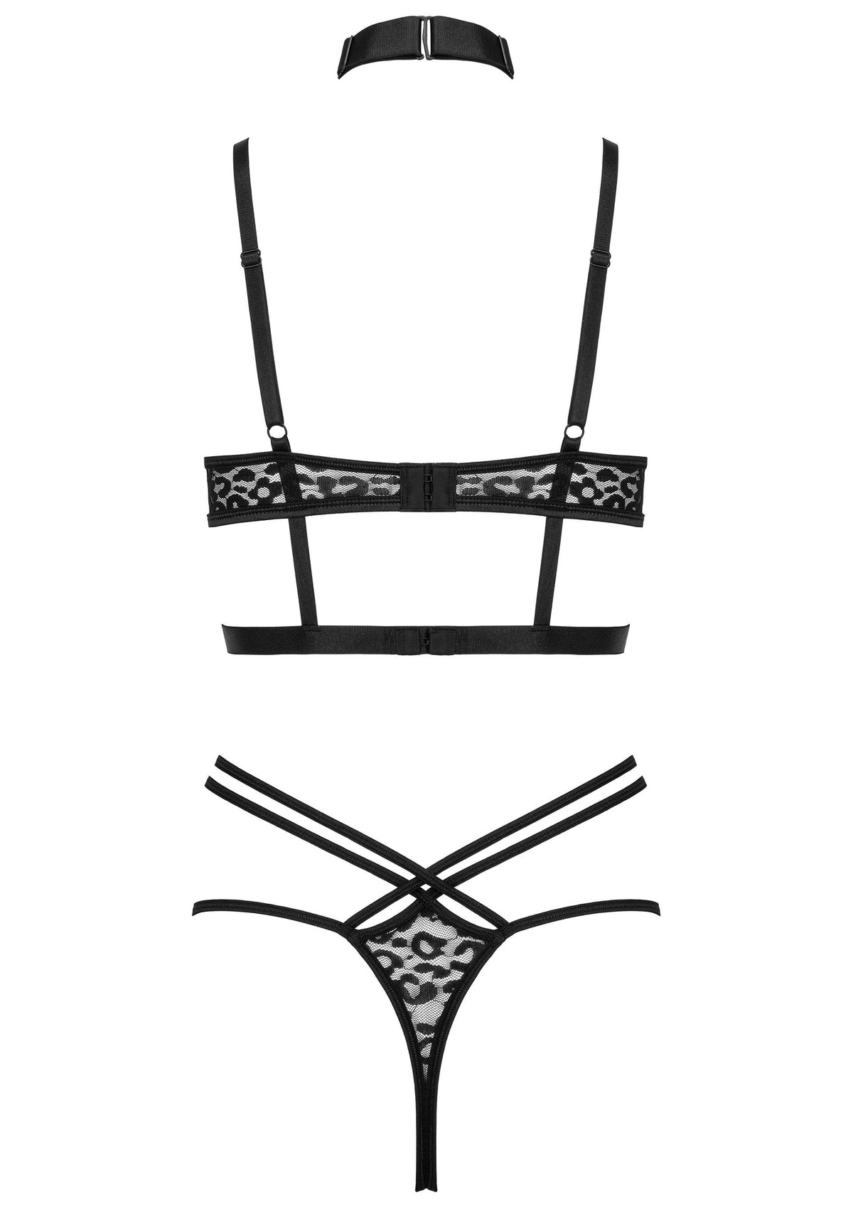 Ensemble de lingerie noir sexy avec motif léopard, comprenant un soutien-gorge, un string et un collier.; Sexy zwarte lingerie set met luipaardprint, inclusief bh, string en choker.; Sexy black lingerie set with leopard print, including bra, thong, and choker.