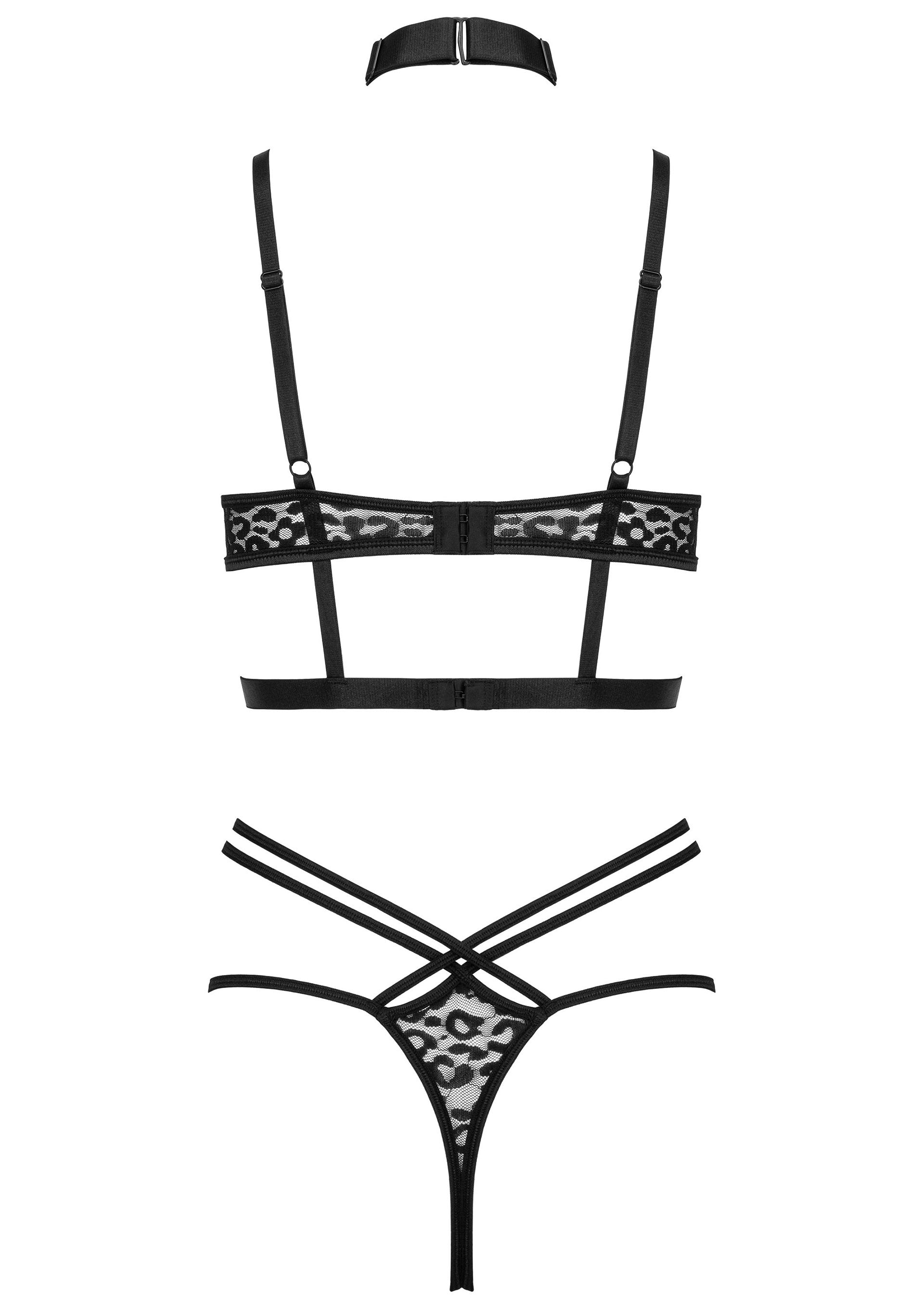 Ensemble de lingerie noir sexy avec motif léopard, comprenant un soutien-gorge, un string et un collier.; Sexy zwarte lingerie set met luipaardprint, inclusief bh, string en choker.; Sexy black lingerie set with leopard print, including bra, thong, and choker.
