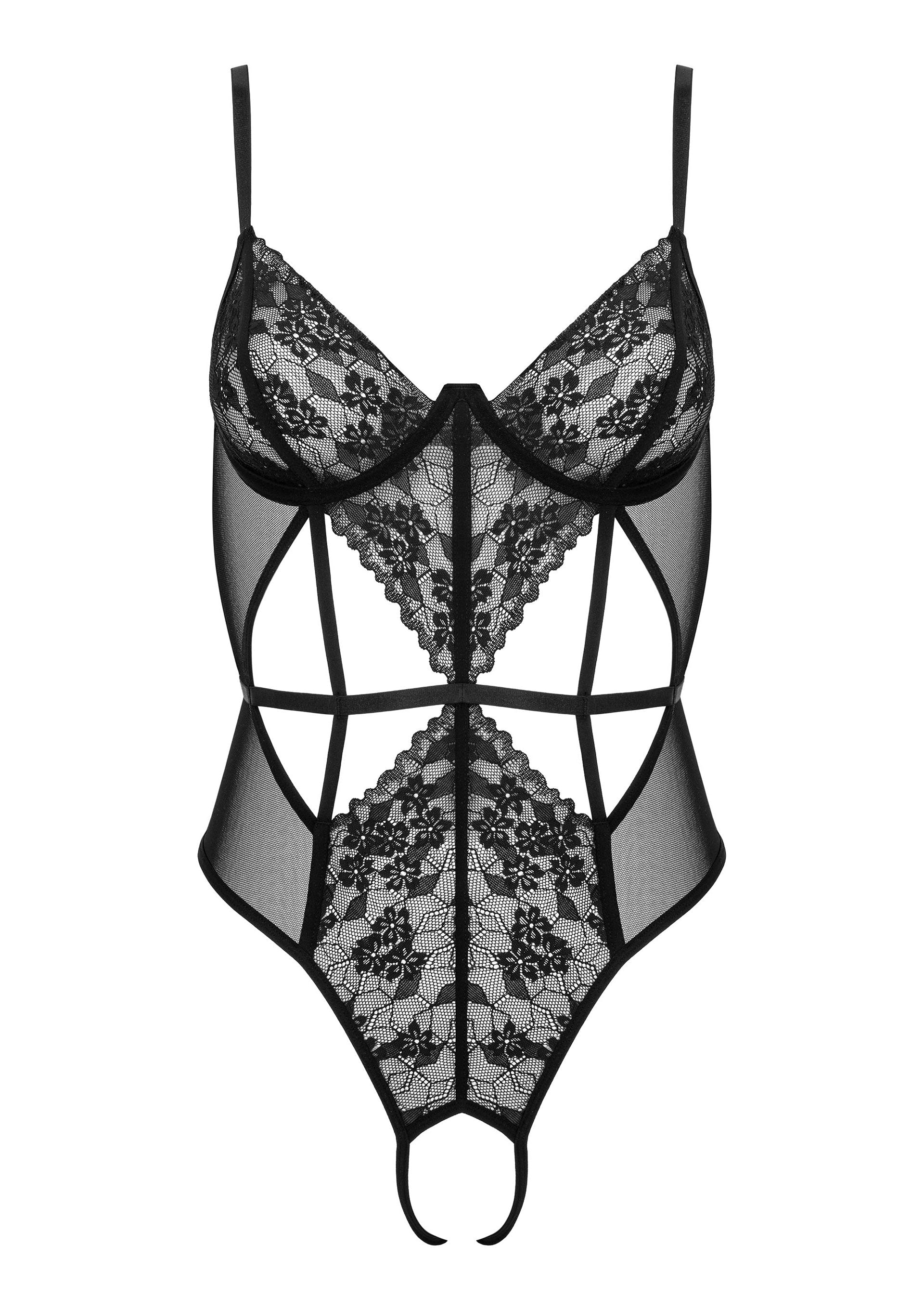 Body noir en dentelle florale et découpes géométriques pour une allure séduisante et élégante. ; Zwarte body met bloemenkant en geometrische uitsparingen voor een verleidelijke en elegante look.; Black floral lace bodysuit with geometric cutouts for a seductive and elegant look.