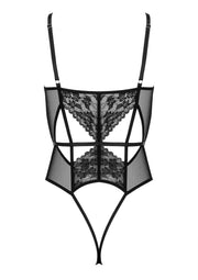 Body noir en dentelle transparente. Lingerie séduisante pour une soirée spéciale.; Zwarte body van doorschijnend kant. Verleidelijke lingerie voor een speciale avond.; Black sheer lace bodysuit. Seductive lingerie for a special night.
