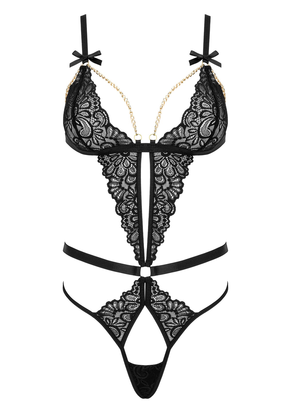 Body en dentelle noire avec des détails dorés et des découpes audacieuses. Lingerie sensuelle et élégante.; Zwart kanten body met gouden details en gewaagde openingen. Sensuele en elegante lingerie.; Black lace bodysuit with gold chain details and bold cutouts. Sensual and elegant lingerie.