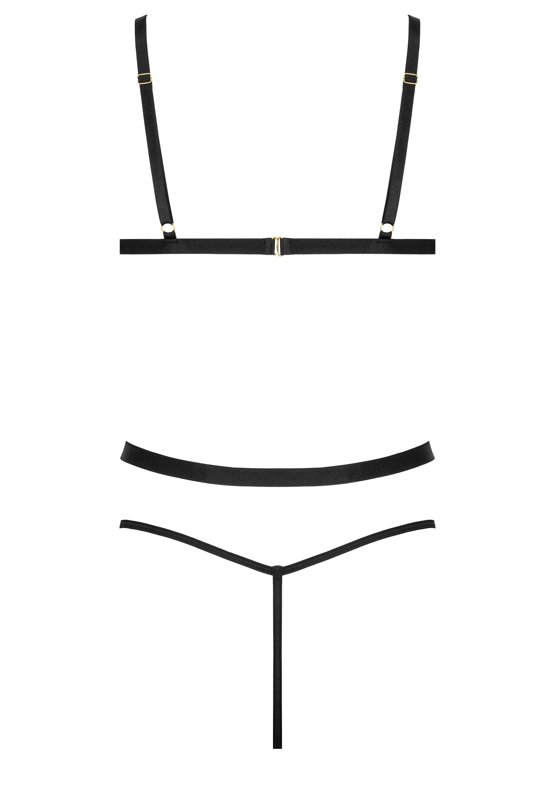 Ensemble de lingerie noir minimaliste avec des bretelles fines et un design épuré.; Minimalistische zwarte lingerie set met dunne bandjes en een strak design.; Minimalist black lingerie set with thin straps and a clean design.