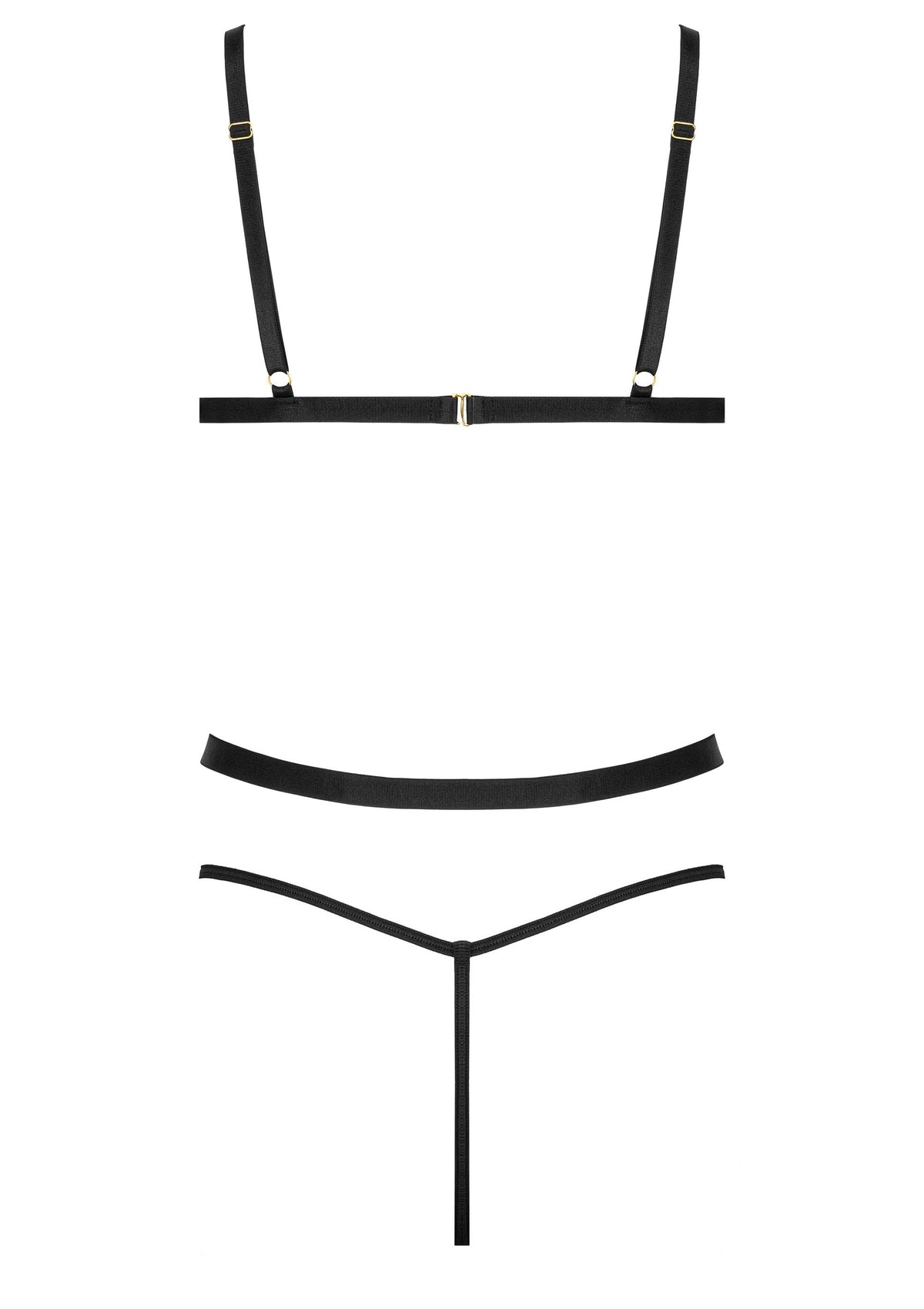 Ensemble de lingerie noir minimaliste avec des bretelles fines et un design épuré.; Minimalistische zwarte lingerie set met dunne bandjes en een strak design.; Minimalist black lingerie set with thin straps and a clean design.
