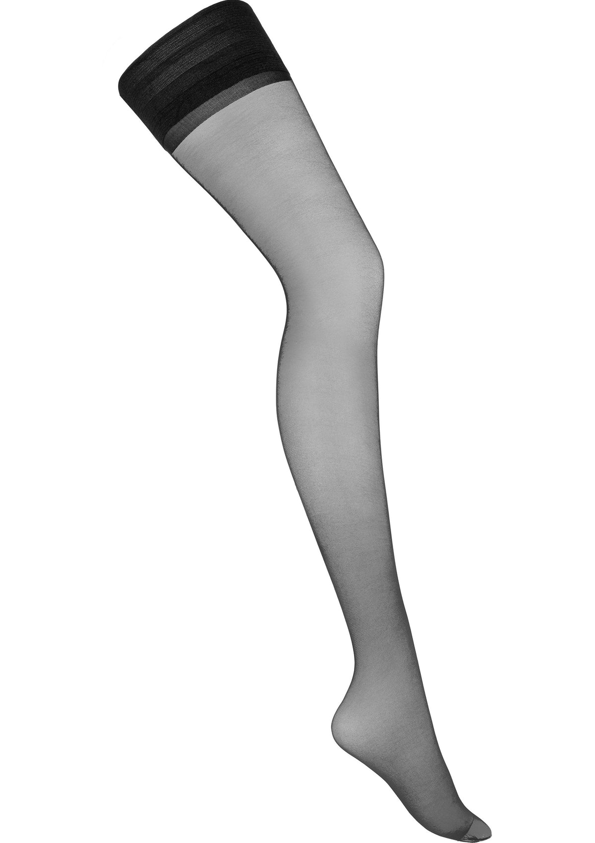 Bas autofixants transparents pour femmes. Chaussettes élégantes avec bande de maintien.; Zelfophoudende, transparante kousen voor dames. Elegante kousen met een brede band.; Sheer women's stay-up stockings. Elegant hosiery with a wide, decorative band.