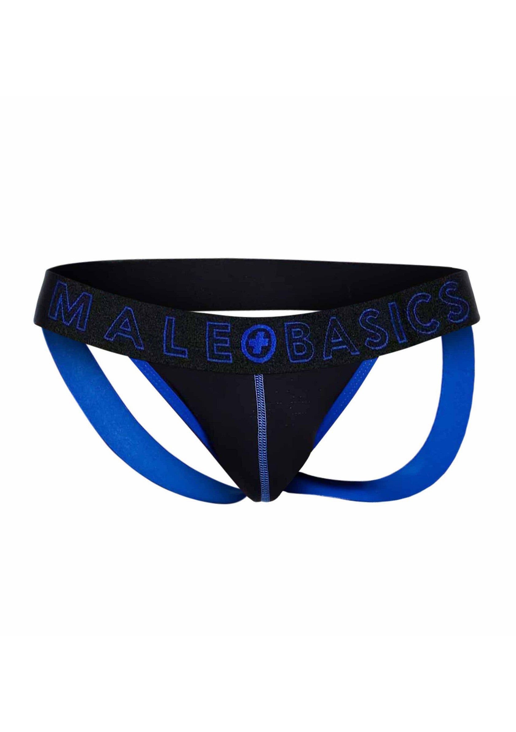 Jockstrap Malebasics noir et bleu. Sous-vêtement de sport confortable et stylé.; Zwarte en blauwe Malebasics jockstrap. Comfortabel en stijlvol sportondergoed.; Black and blue Malebasics jockstrap. Comfortable and stylish athletic underwear.