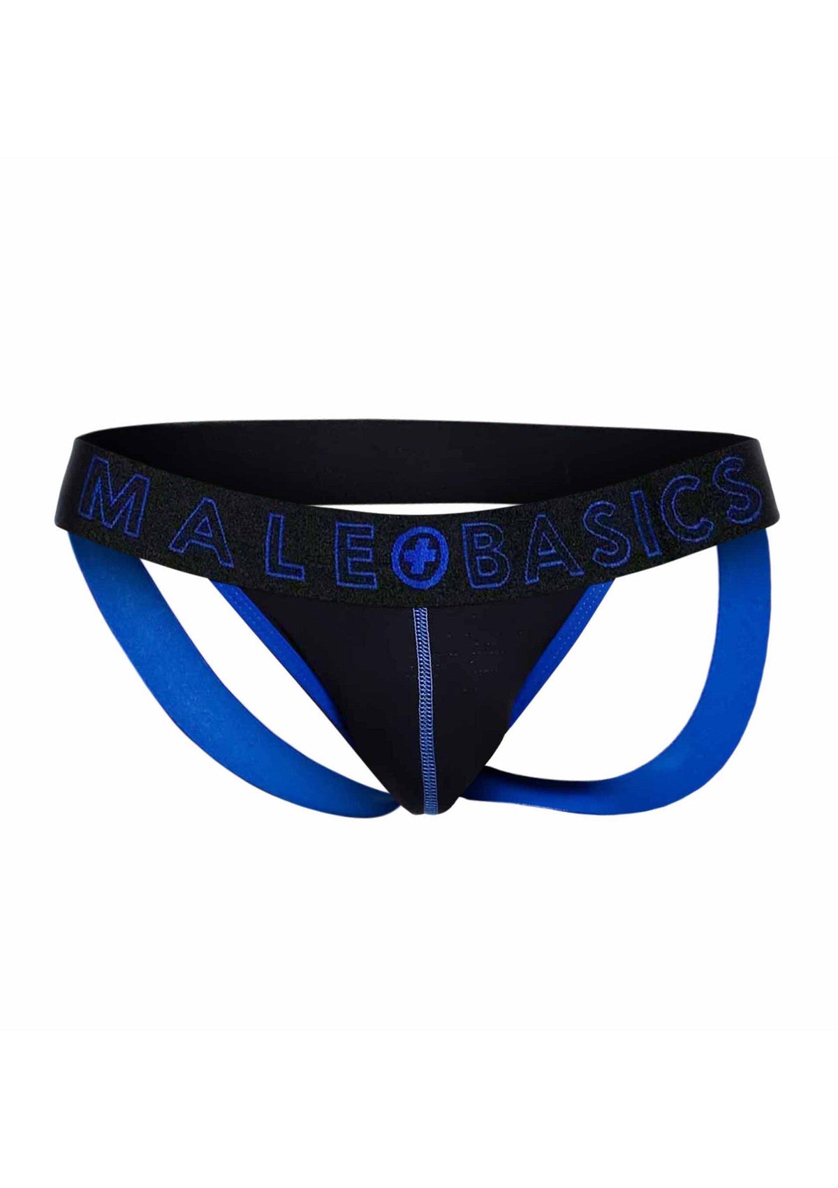 Jockstrap Malebasics noir et bleu. Sous-vêtement de sport confortable et stylé.; Zwarte en blauwe Malebasics jockstrap. Comfortabel en stijlvol sportondergoed.; Black and blue Malebasics jockstrap. Comfortable and stylish athletic underwear.