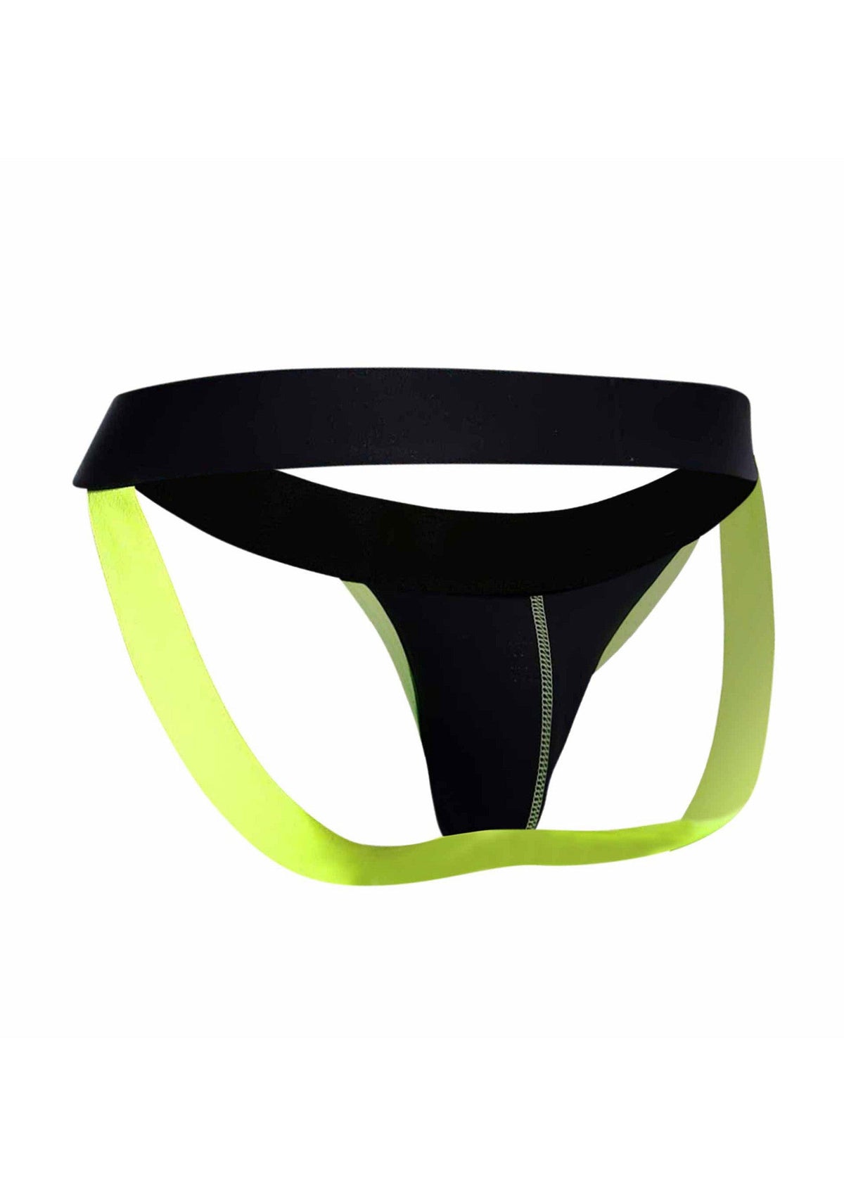 Jockstrap noir et jaune fluo pour homme. Sous-vêtements de sport confortables et sexy.; Zwart met neon geel jockstrap voor heren. Comfortabel en sexy sportondergoed.; Black and neon yellow jockstrap for men. Comfortable and sexy athletic underwear.