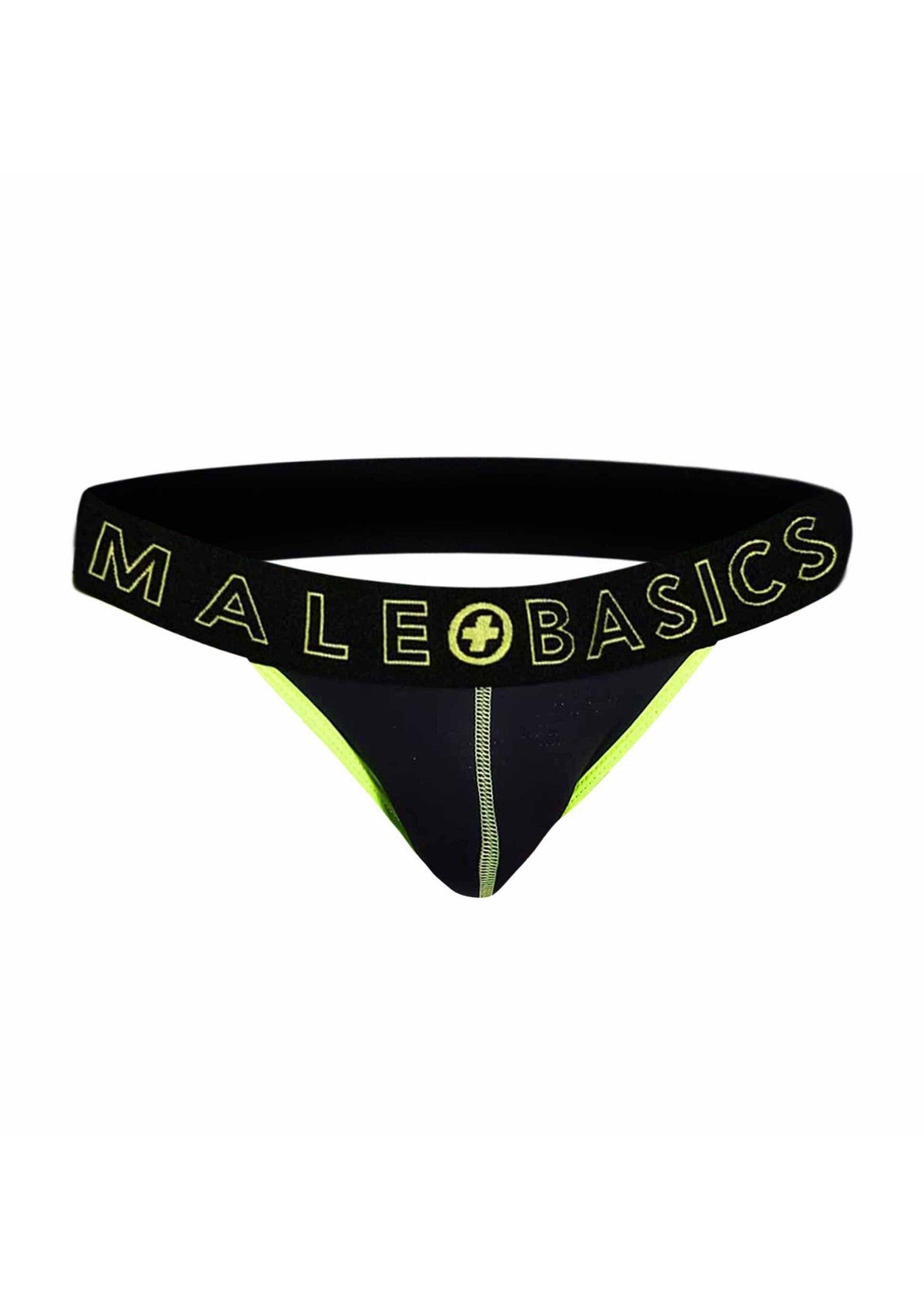Slip pour homme MaleBasics noir et jaune, confort et maintien optimal.; Zwarte en gele MaleBasics herenslip, comfort en optimale ondersteuning.; Black and yellow MaleBasics men's thong, comfort and optimal support.