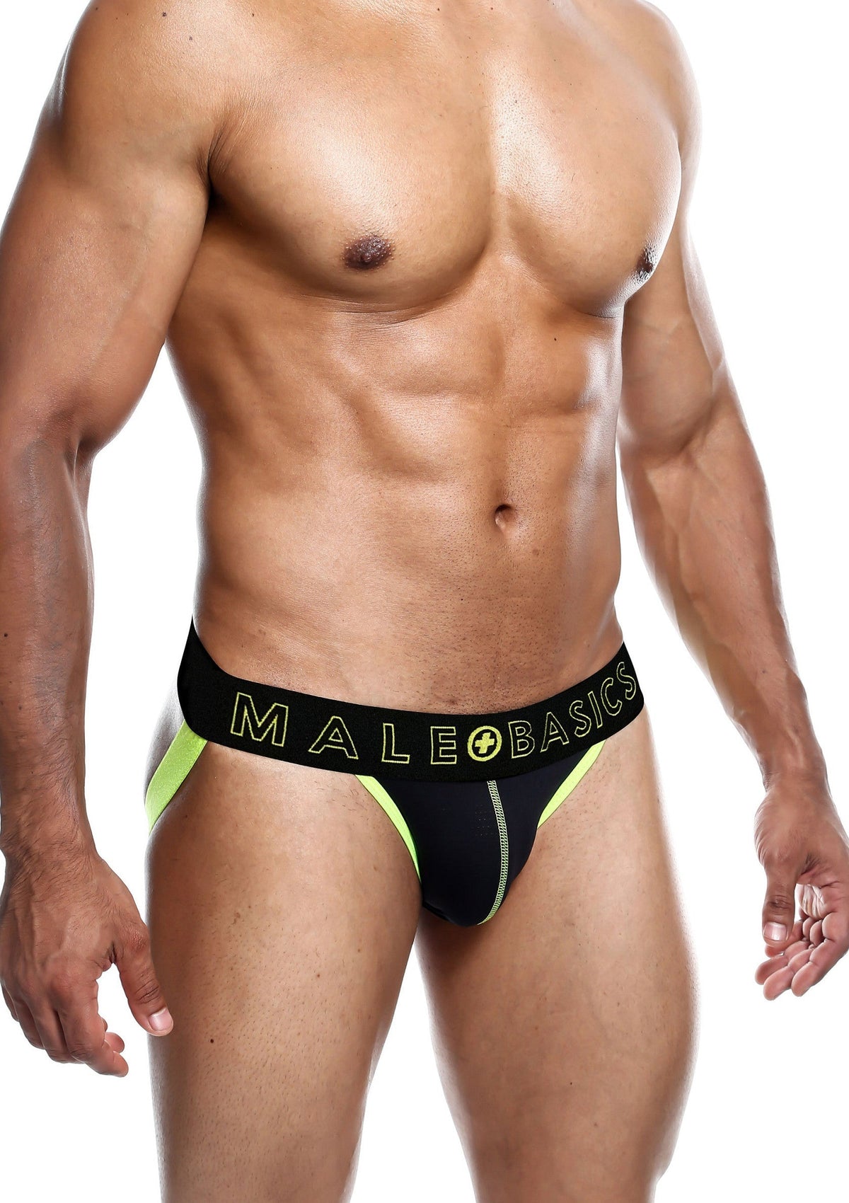 Slip de sport noir et jaune MaleBasics. Confort et soutien optimaux pour l'entraînement.; Zwarte MaleBasics sport jockstrap met gele accenten. Optimaal comfort en ondersteuning tijdens training.; Black MaleBasics sports jockstrap with yellow accents. Optimal comfort and support during training.