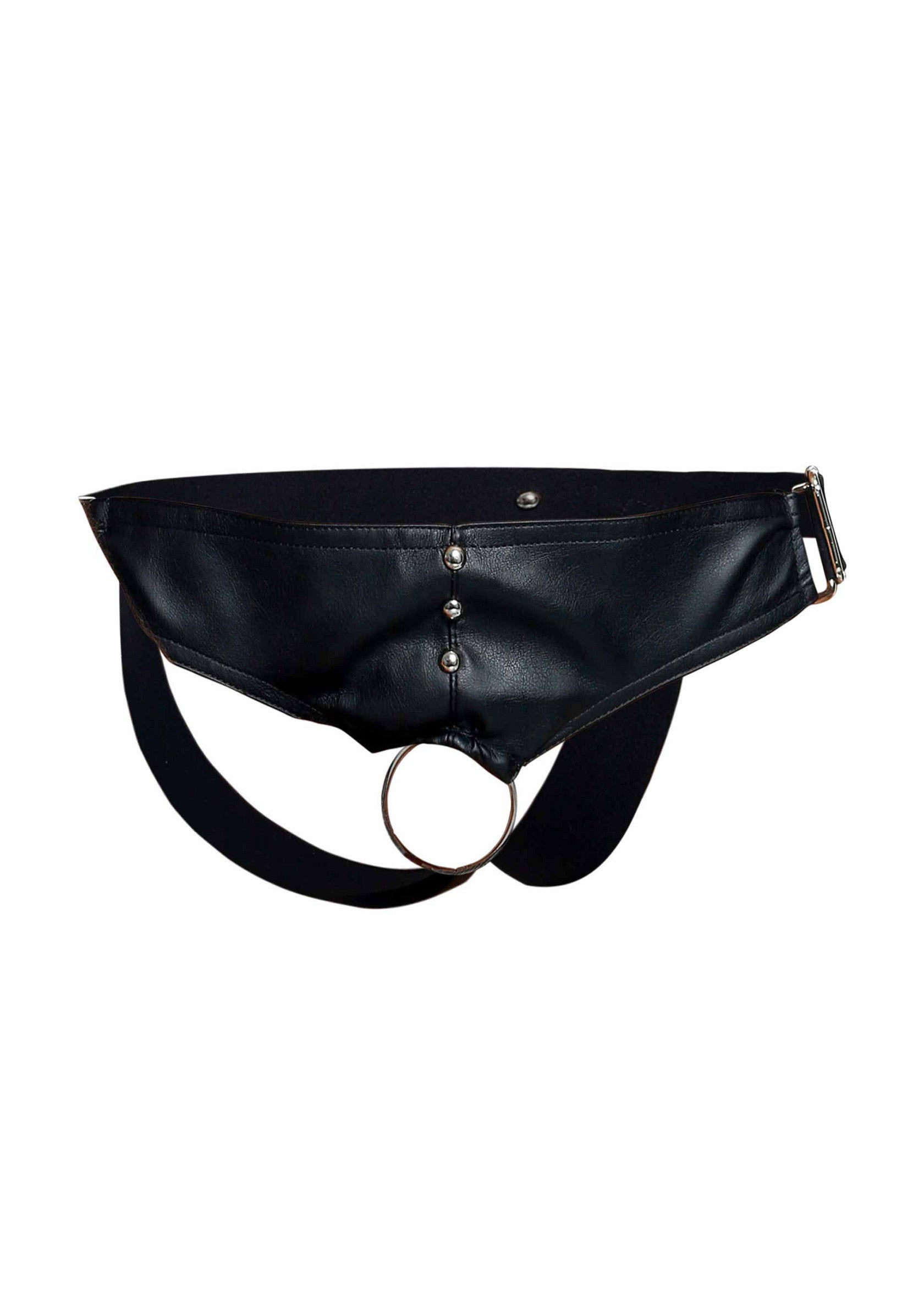 Jockstrap noir en similicuir avec anneau, idéal pour une touche audacieuse et stylée. Confort et allure assurés.; Zwarte kunstleren jockstrap met ring, perfect voor een gewaagde en stijlvolle look. Gegarandeerd comfort en uitstraling.; Black faux leather jockstrap with ring, perfect for a bold and stylish touch. Guaranteed comfort and allure.