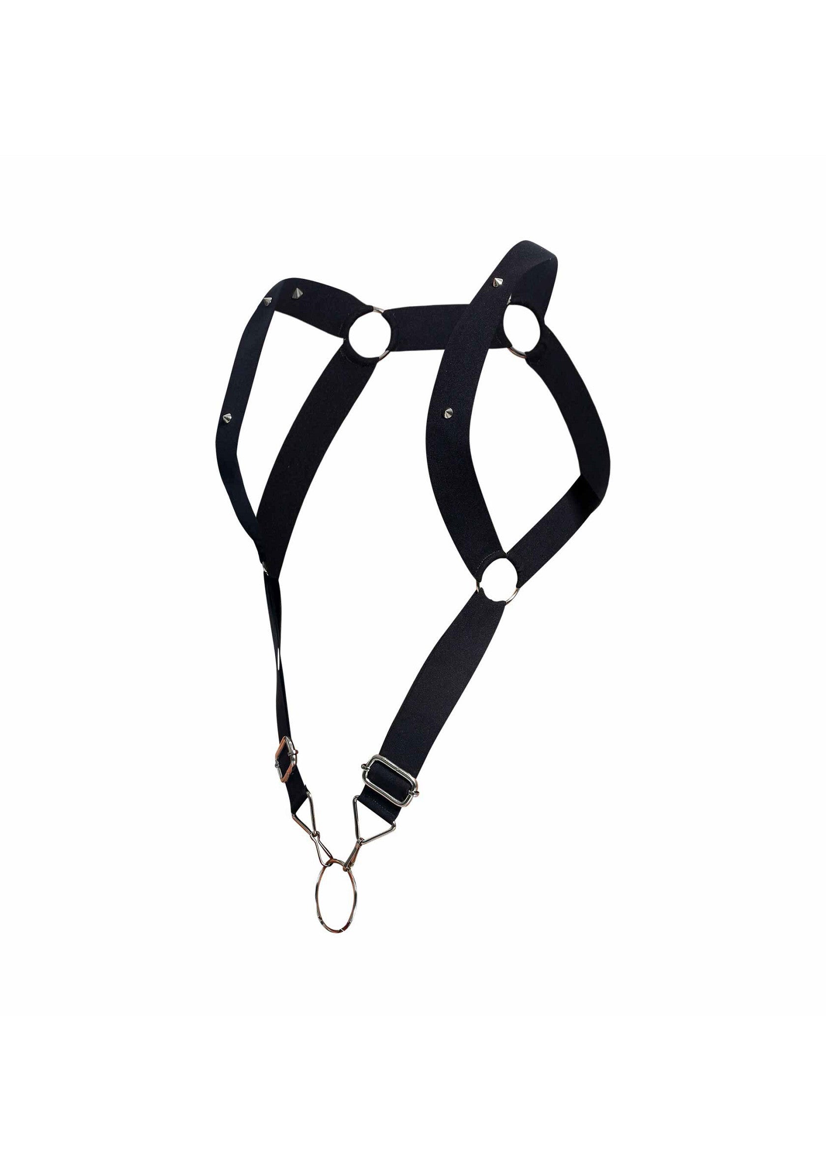 Harnais noir avec anneaux métalliques et bretelles ajustables.; Zwart harnas met metalen ringen en verstelbare bandjes.; Black harness with metal rings and adjustable straps.