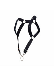Harnais noir avec anneaux métalliques et bretelles ajustables.; Zwart harnas met metalen ringen en verstelbare bandjes.; Black harness with metal rings and adjustable straps.