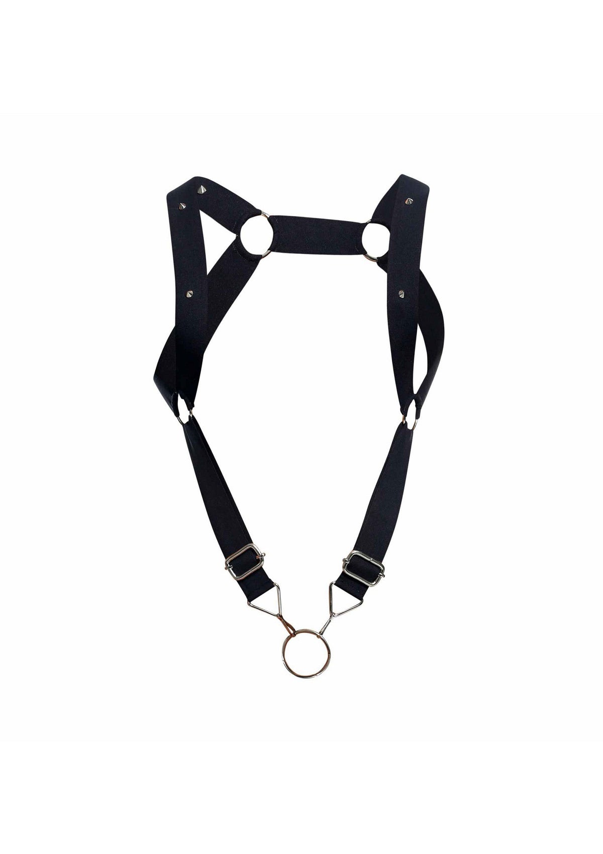 Harnais noir avec anneaux métalliques pour un style audacieux et unique.; Zwart harnas met metalen ringen voor een gewaagde en unieke stijl.; Black harness with metal rings for a bold and unique style.