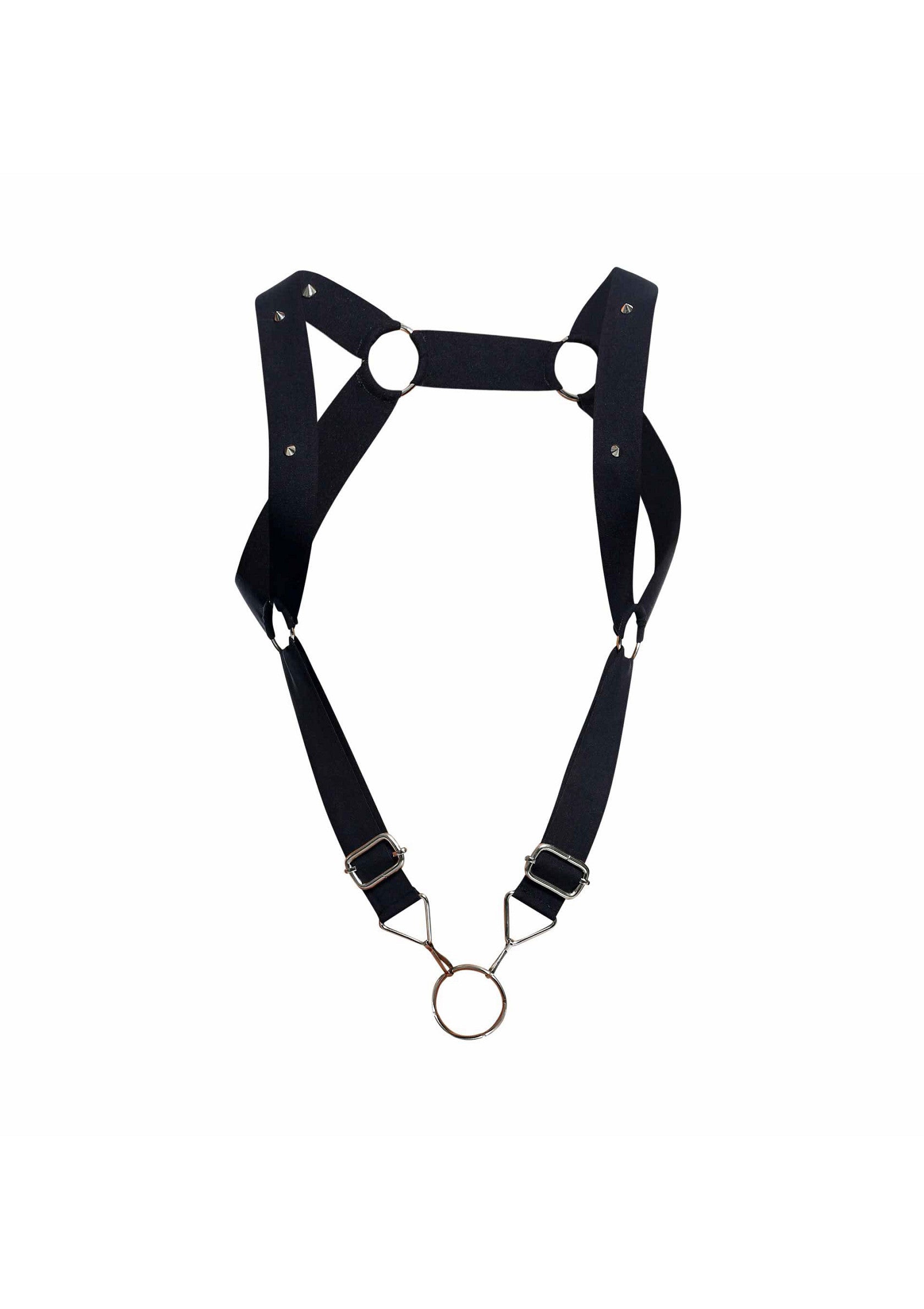 Harnais noir avec anneaux métalliques pour un style audacieux et unique.; Zwart harnas met metalen ringen voor een gewaagde en unieke stijl.; Black harness with metal rings for a bold and unique style.