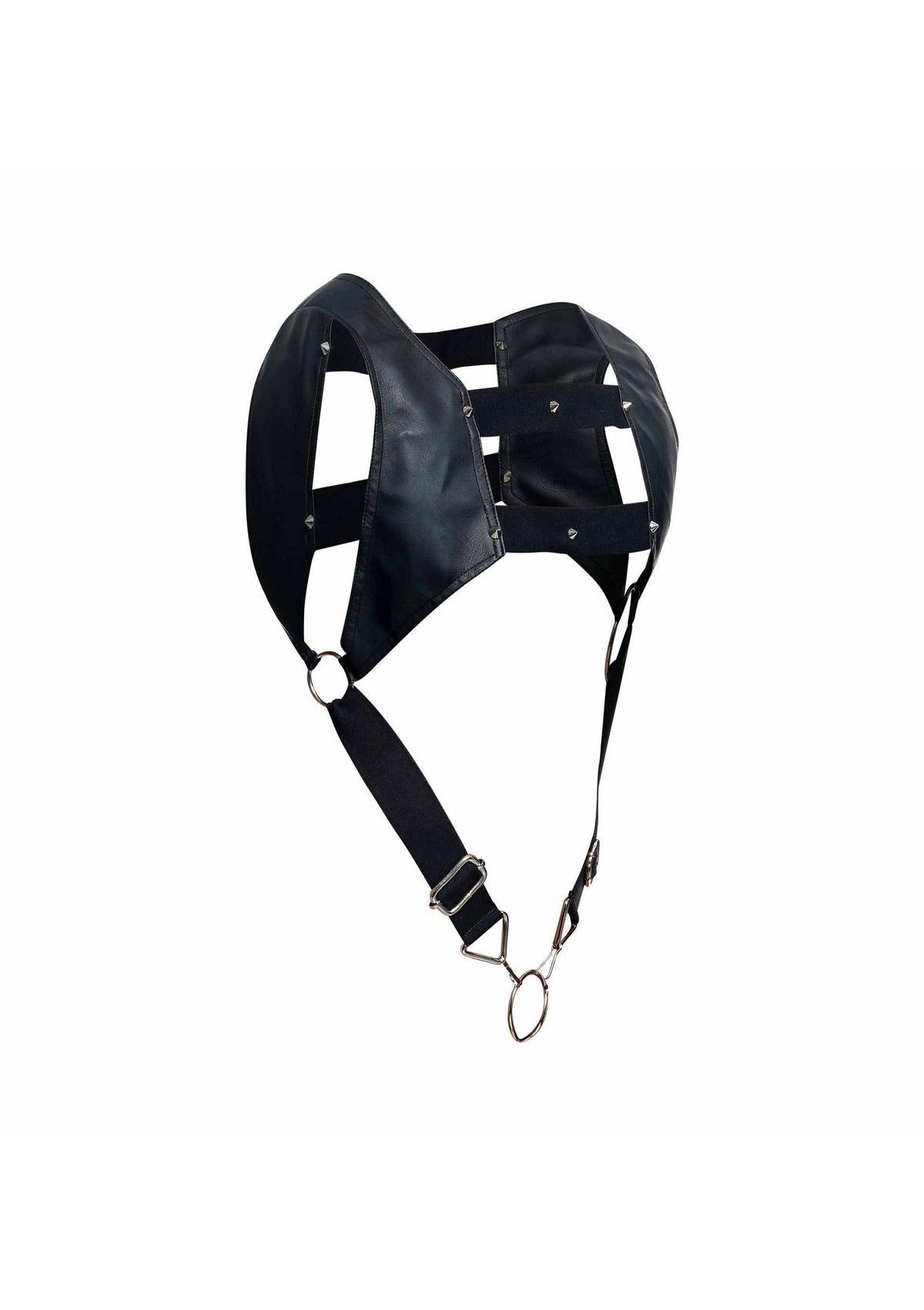 Harnais en cuir noir à lanières et anneaux en métal.; Zwart leren harnas met bandjes en metalen ringen.; Black leather harness with straps and metal rings.