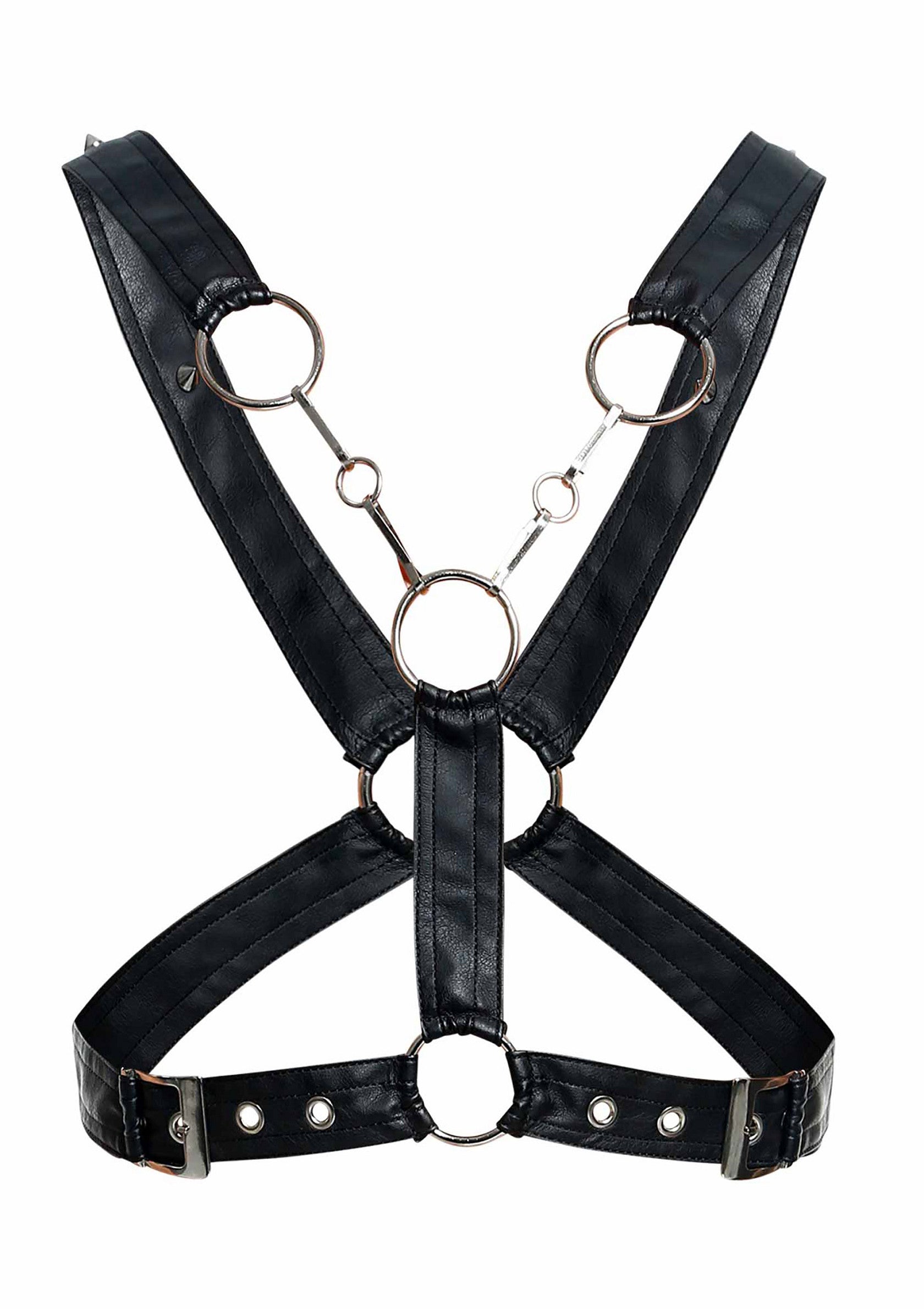 Harnais noir en faux cuir avec anneaux en métal, parfait pour ajouter une touche audacieuse à votre tenue. Ajustable et confortable.; Zwarte kunstleren harnas met metalen ringen, perfect om een gedurfde toets aan je outfit toe te voegen. Verstelbaar en comfortabel.; Black faux leather harness with metal rings, perfect for adding an edgy touch to your outfit. Adjustable and comfortable fit.
