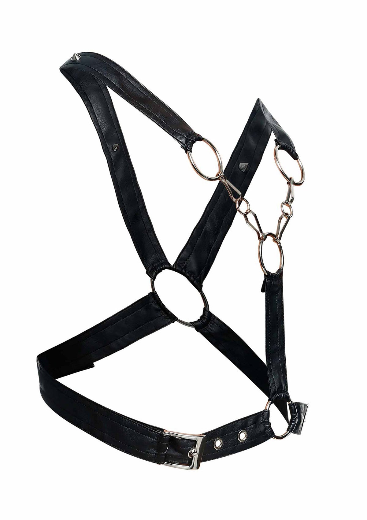 Harnais noir en cuir synthétique avec anneaux et chaîne. Accessoire de mode audacieux.; Zwart kunstleren harnas met ringen en ketting. Een gewaagd modeaccessoire.; Black faux leather harness with rings and chain detail. Edgy fashion accessory.