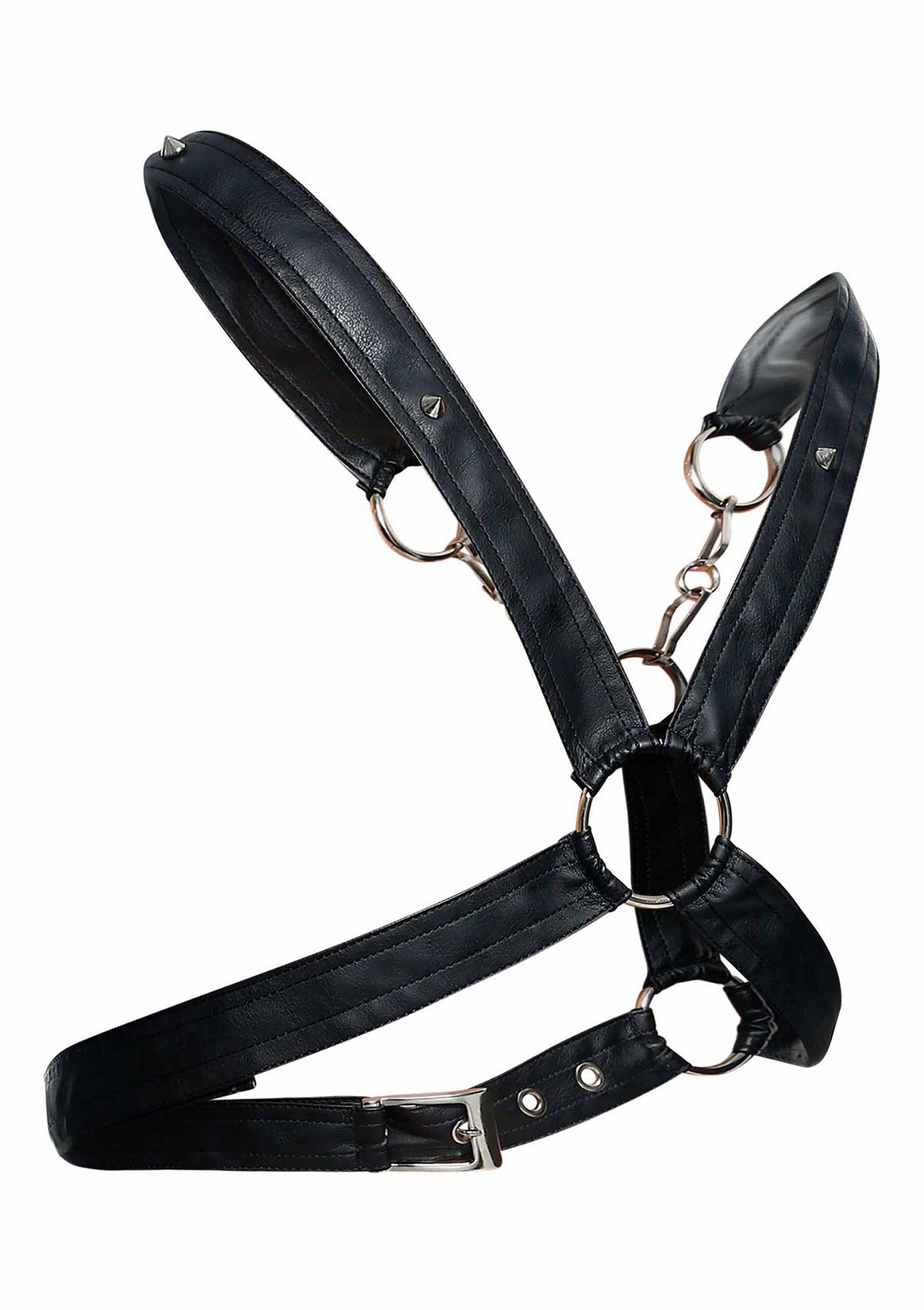 Harnais en cuir noir réglable avec anneaux métalliques.; Zwarte leren body harness met verstelbare riemen en metalen ringen.; Black faux leather body harness with adjustable straps and metal rings.