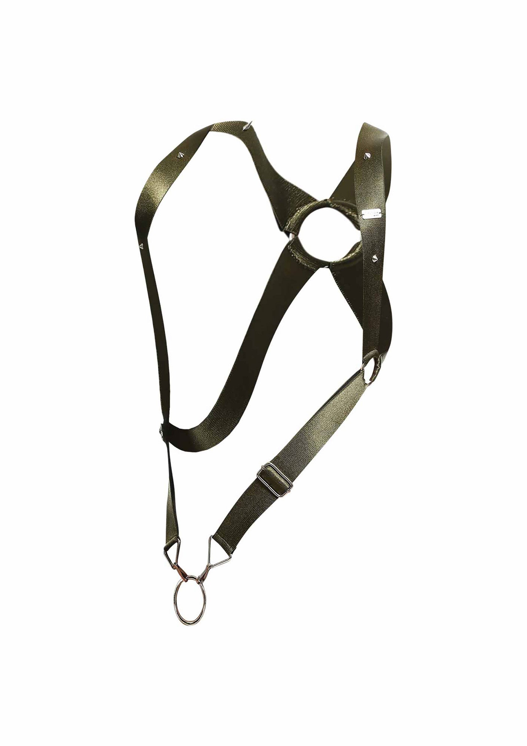 Harnais en nylon vert olive, réglable avec anneaux métalliques. Accessoire de mode ou utilitaire.; Olijfgroen nylon harnas, verstelbaar met metalen ringen. Modeaccessoire of praktisch hulpmiddel.; Olive green nylon harness, adjustable with metal rings. Fashion accessory or utility gear.