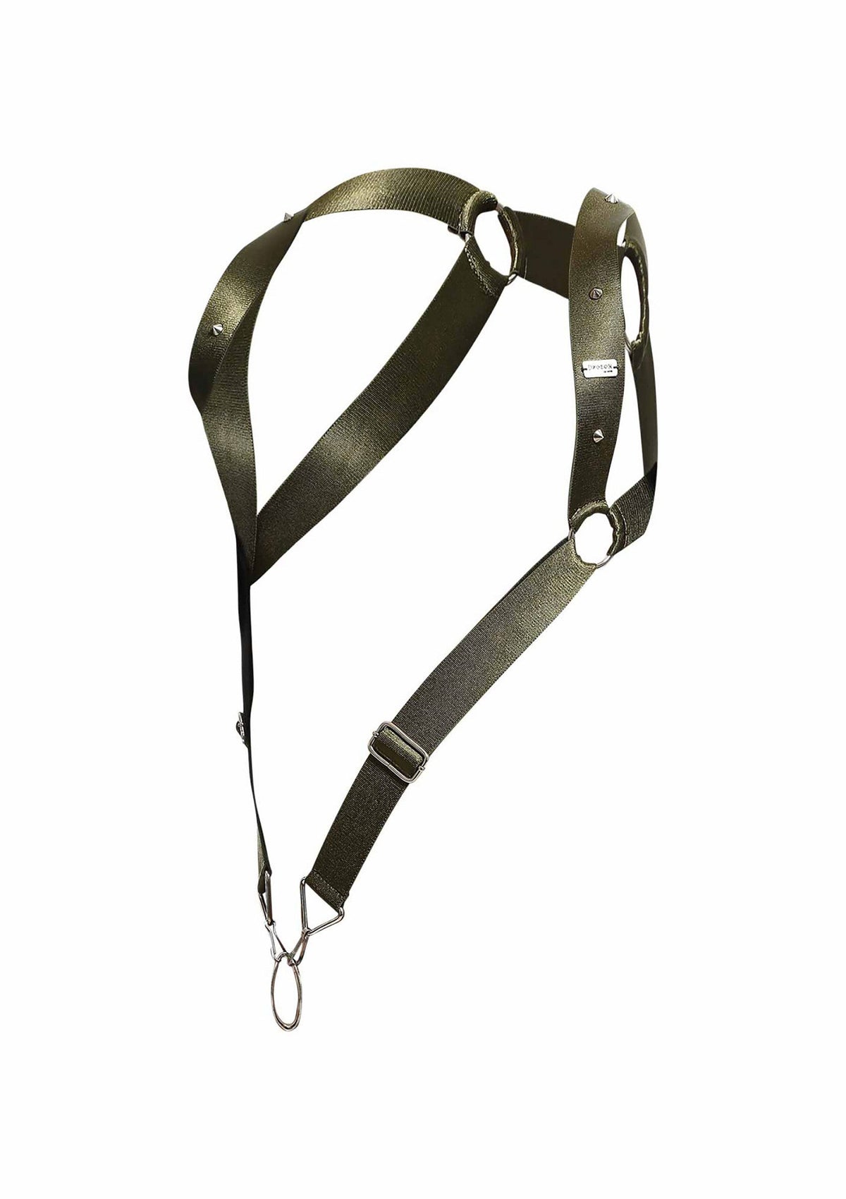 Harnais de couleur olive avec des anneaux métalliques, accessoire de mode unisexe.; Olijfkleurig harnas met metalen ringen, een uniseks modeaccessoire.; Olive green harness with metal rings, a unisex fashion accessory.