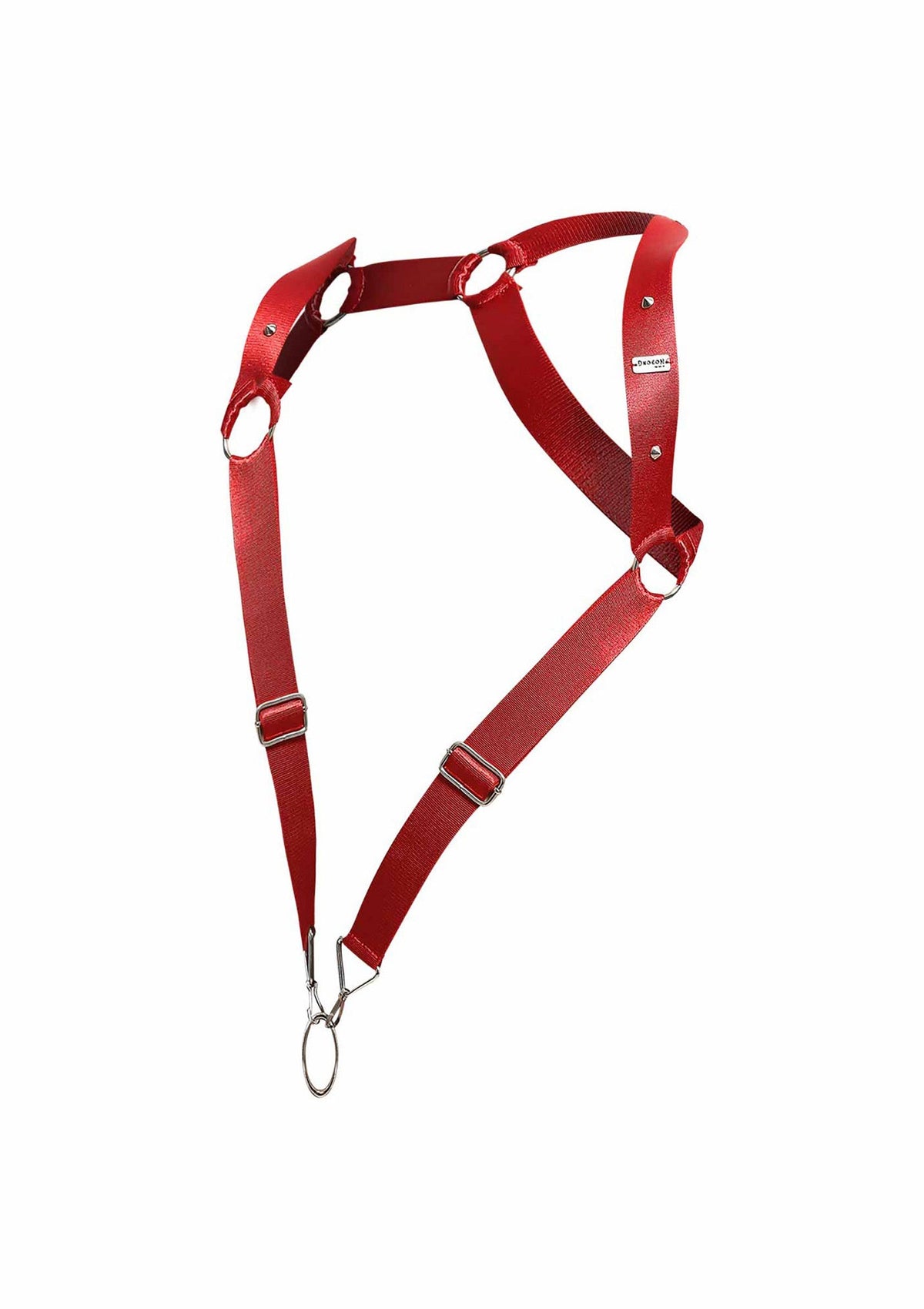 Harnais rouge élégant pour un look audacieux et personnalisé. Accessoire de mode unique.; Stijlvol rood harnas voor een gedurfde en persoonlijke look. Uniek modeaccessoire.; Stylish red harness for a bold, custom look. Unique fashion accessory.