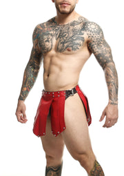 Jupe gladiateur rouge en similicuir clouté. Parfait pour les soirées à thème et les jeux de rôle.; Rode gladiatorskirt van imitatieleer met studs. Perfect voor themafeesten en rollenspellen.; Studded faux leather red gladiator skirt. Perfect for themed parties and role-playing.