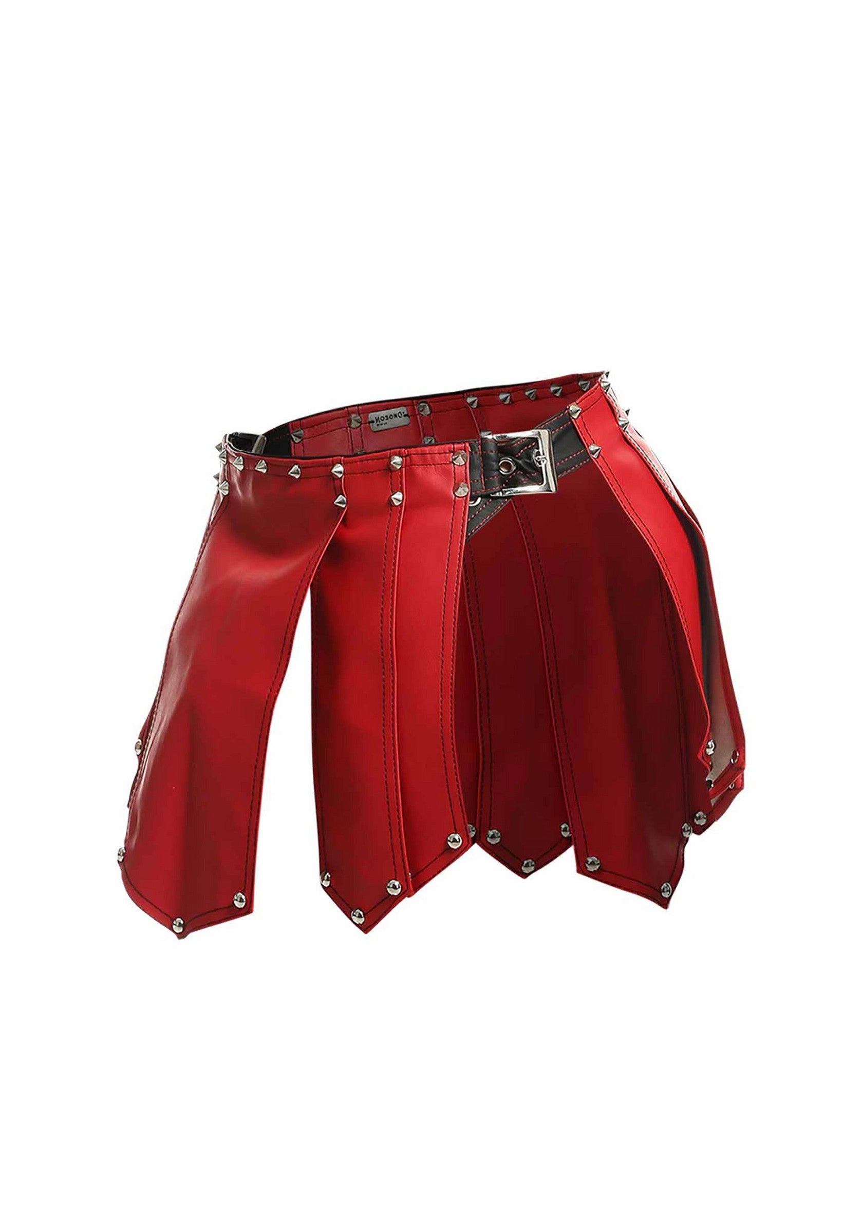 Jupe rouge en similicuir avec détails cloutés et ceinture. Style gothique et punk pour un look audacieux.; Rode faux lederen rok met studs en riem. Gothische en punkstijl voor een gedurfde look.; Red faux leather skirt with studded details and belt. Gothic and punk style for a bold look.