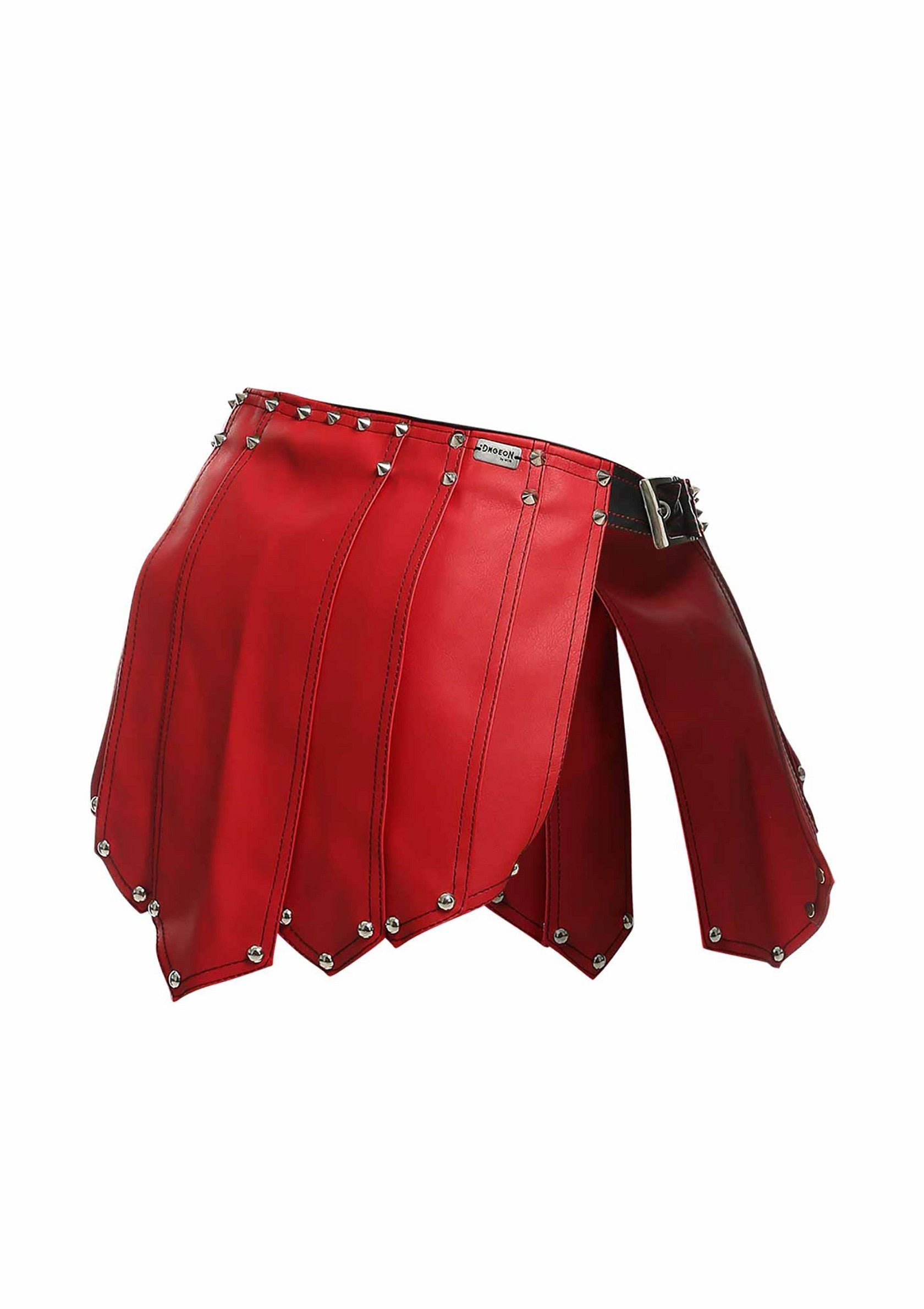 Jupe rouge cloutée en simili cuir, idéale pour un look gothique ou punk audacieux. Accessoire de mode original et tendance.; Rode rok met studs in imitatieleer, ideaal voor een stoere gothic of punk look. Origineel en trendy modeaccessoire.; Red studded faux leather skirt, perfect for a bold gothic or punk look. Original and trendy fashion accessory.