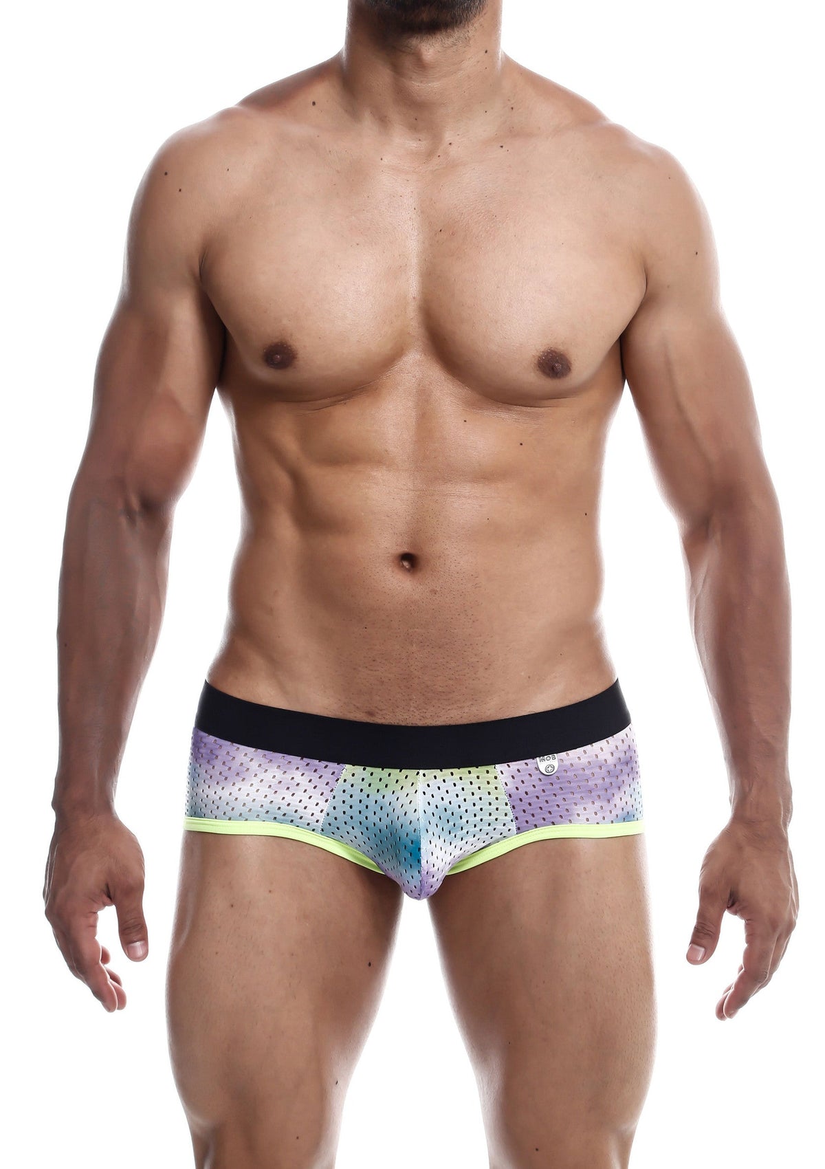 Boxer pour homme avec un motif tie-dye unique et une bordure jaune vif. Idéal pour la natation et les vêtements décontractés.; Heren boxer met uniek tie-dye patroon en felgele rand. Ideaal voor zwemmen en casual kleding.; Men's boxer brief with unique tie-dye design and bright yellow trim. Ideal for swimming and casual wear.