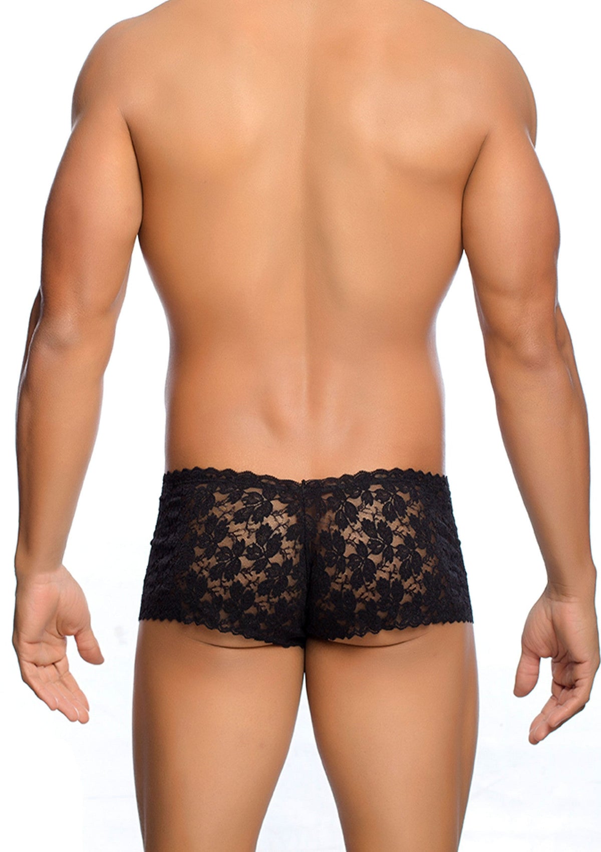 Boxer en dentelle noire pour homme, séduisant et confortable.; Zwarte heren kanten boxershort, verleidelijk en comfortabel.; Men's black lace boxer briefs, seductive and comfortable.