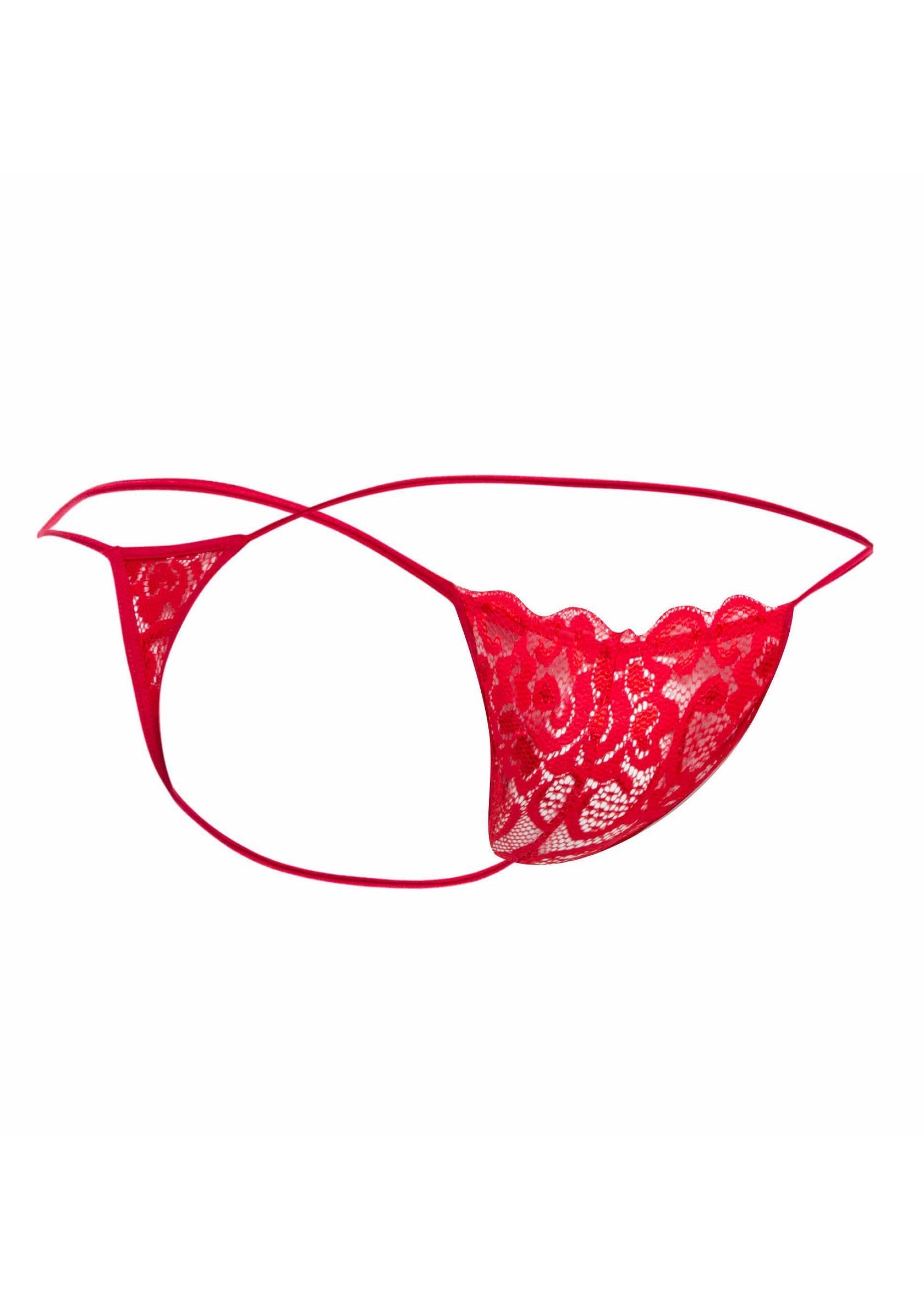 String en dentelle rouge séduisant pour une touche de sensualité et de confort.; Verleidelijke rode string van kant voor een vleugje sensualiteit en comfort.; Enticing red lace g-string for a touch of sensuality and comfort.