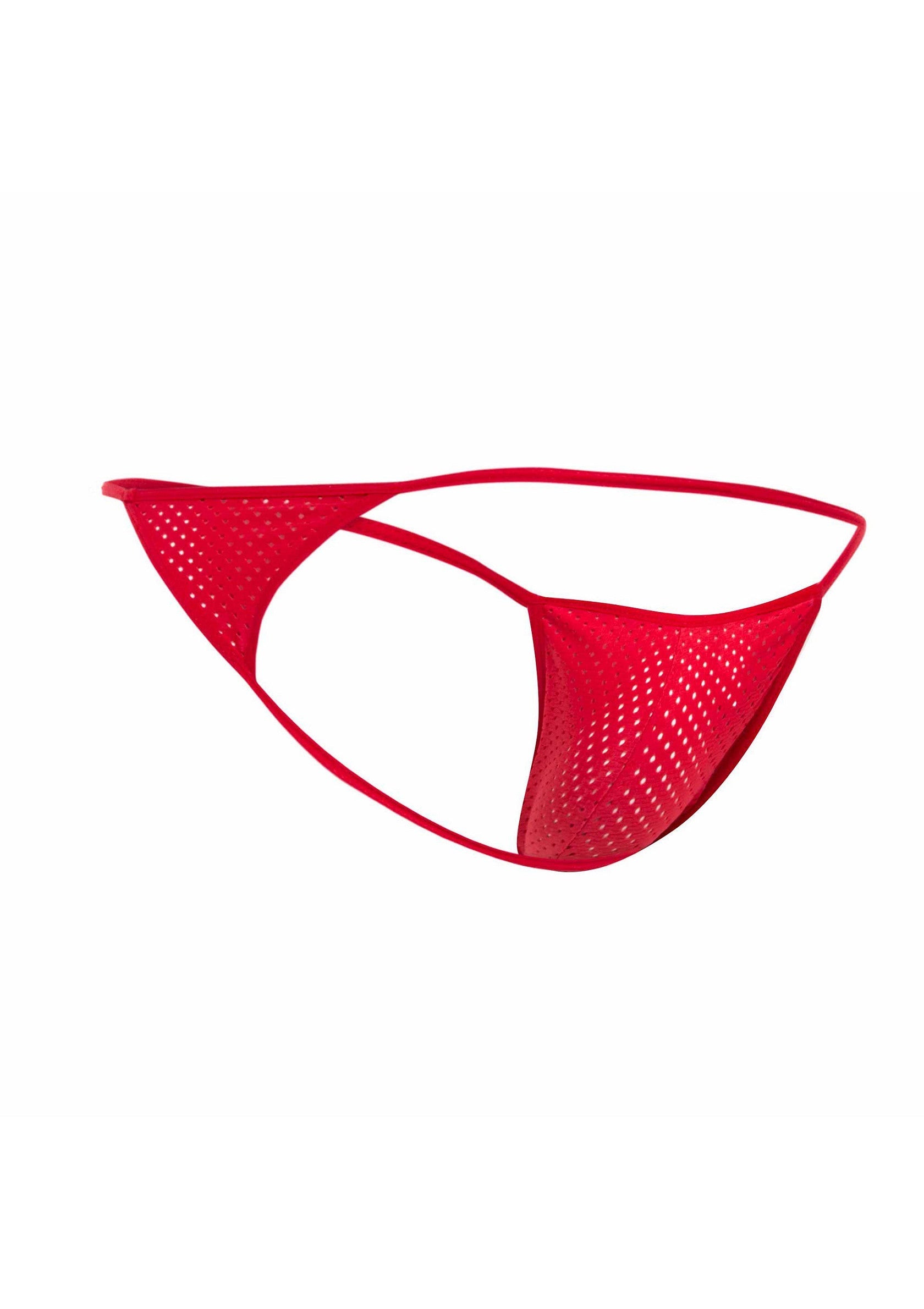 String rouge en maille transparente, lingerie sexy pour homme.; Rode string van transparant mesh, sexy herenlingerie.; Red sheer mesh string thong, sexy men's lingerie.