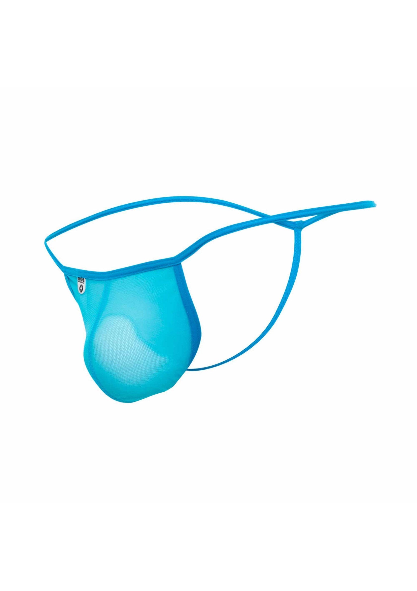 String turquoise pour homme, lingerie masculine transparente et minimaliste.; Turquoise string voor heren, transparant en minimalistisch herenondergoed.; Turquoise men's thong, transparent and minimalist men's lingerie.