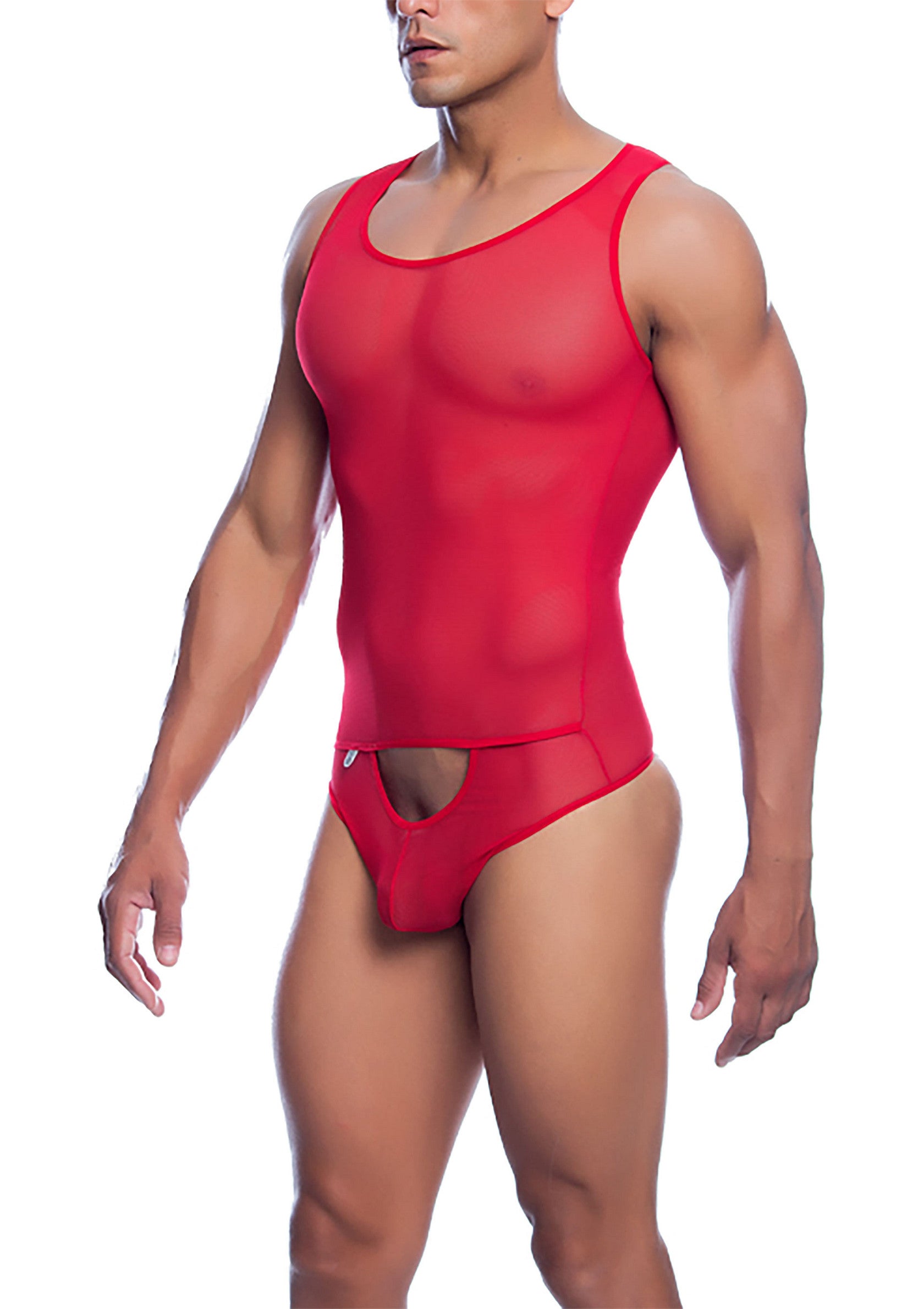 Body rouge transparent pour homme, coupe athlétique audacieuse et sexy. Idéal pour les soirées spéciales.; Rode, doorschijnende body voor heren, met een gedurfde en sexy atletische pasvorm. Ideaal voor speciale avonden.; Red sheer bodysuit for men, with a bold and sexy athletic cut. Ideal for special evenings.