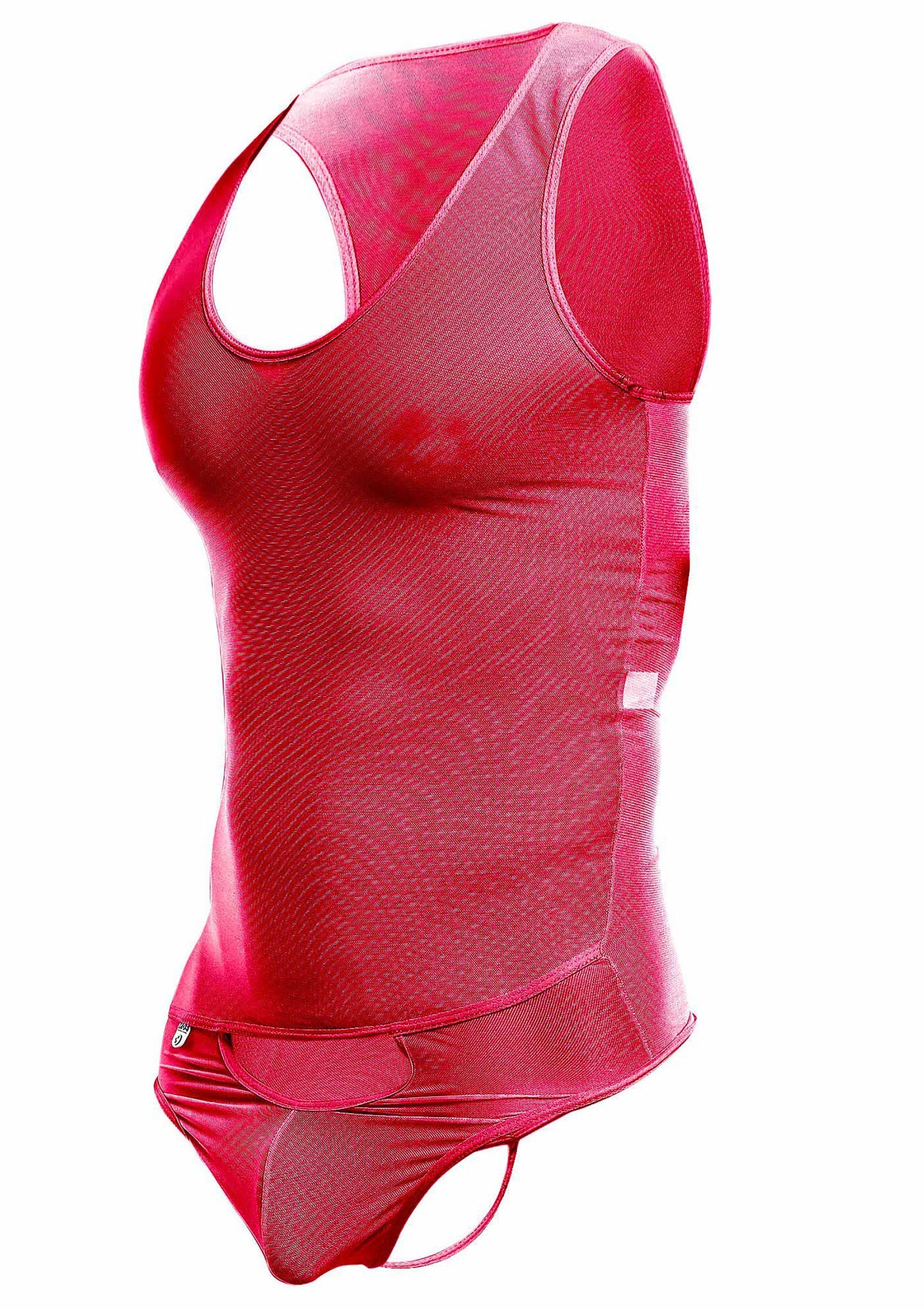 Body de sport rouge. Maillot de corps athlétique sans manches.; Rode sportbody. Mouwloze atletische top.; Red athletic bodysuit. Sleeveless athletic top.