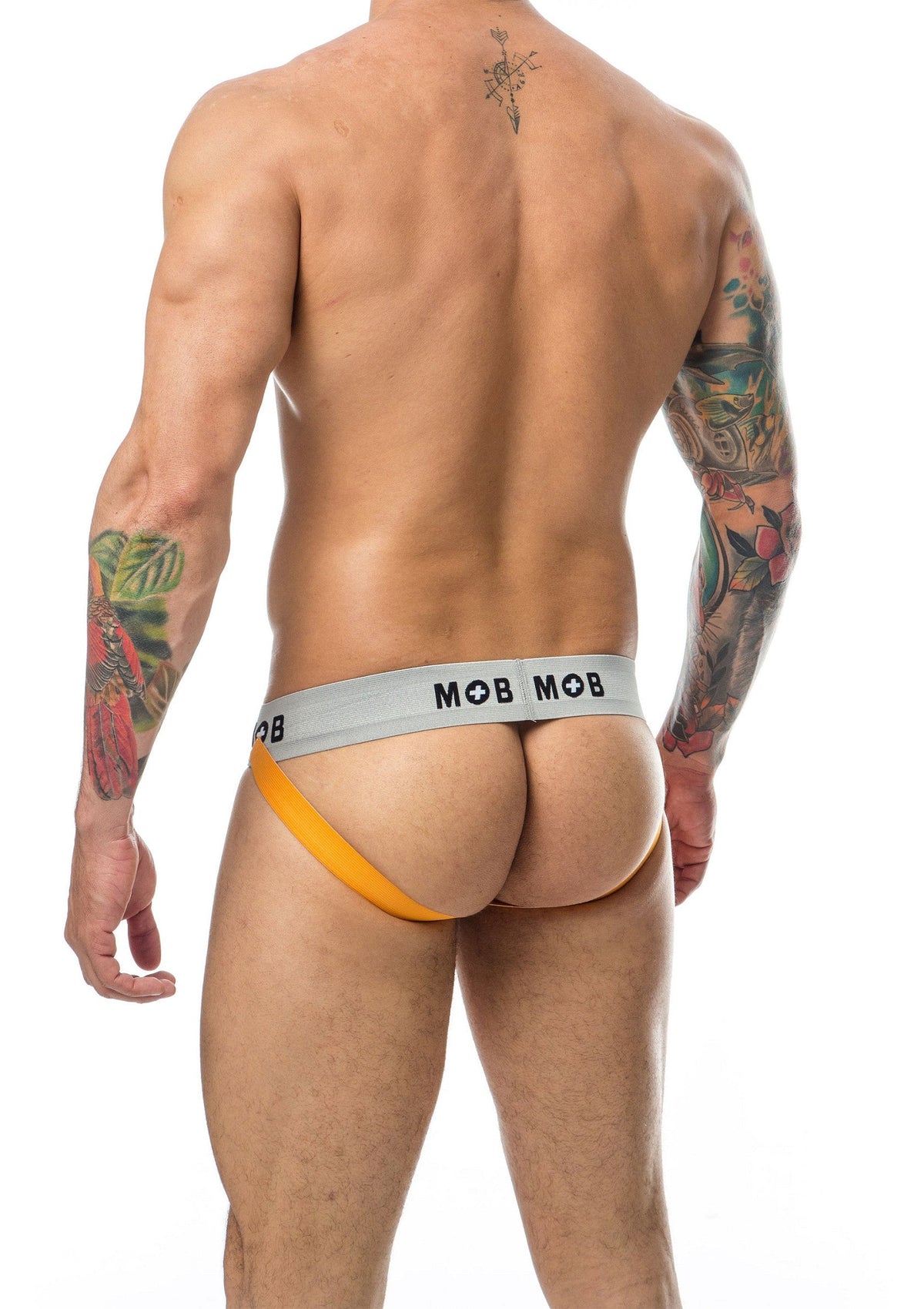Jock-strap gris et orange MOB pour homme. Sous-vêtement confortable et sexy. ; Grijze en oranje MOB jockstrap voor heren. Comfortabel en sexy ondergoed.; Men's grey and orange MOB jockstrap. Comfortable and sexy underwear.