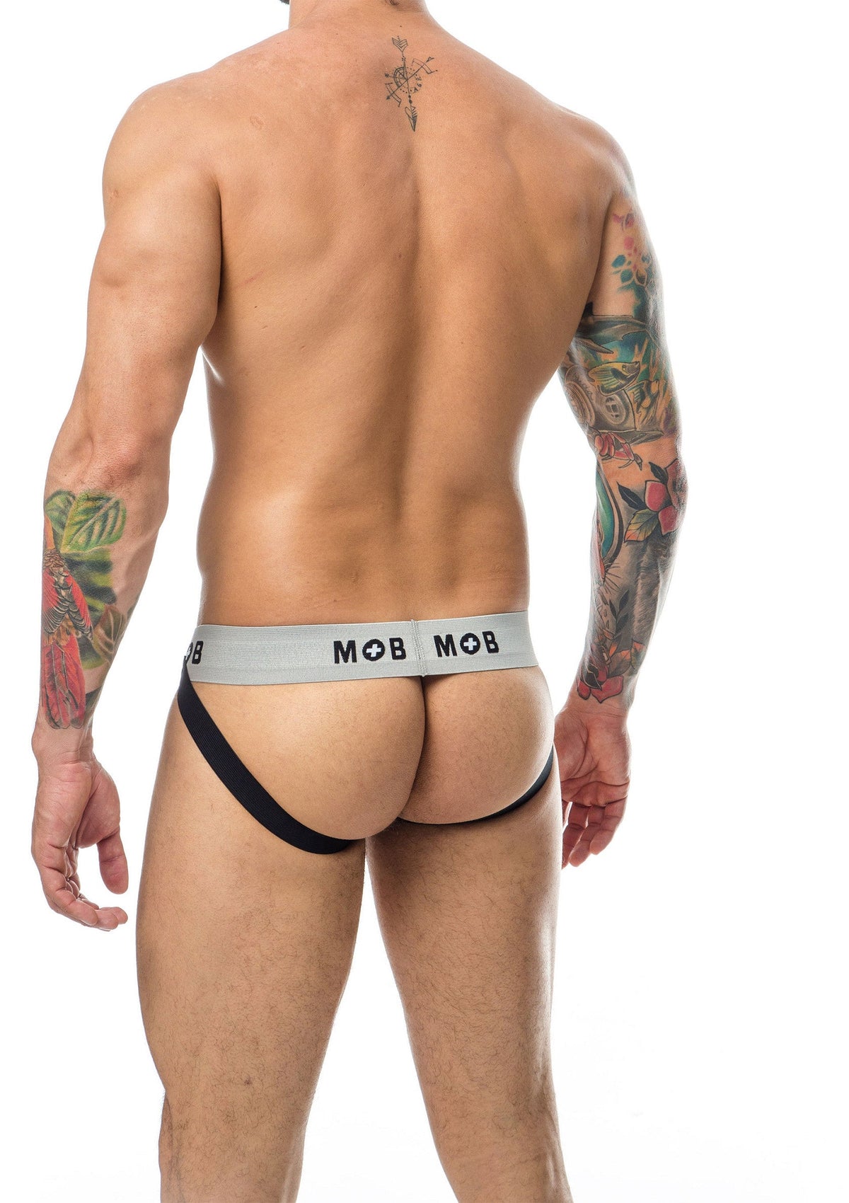 Jockstrap MOB gris et noir pour homme. Sous-vêtement masculin confortable et sexy. ; Grijze en zwarte MOB jockstrap voor heren. Comfortabel en sexy herenondergoed.; Grey and black MOB jockstrap for men. Comfortable and sexy men's underwear.