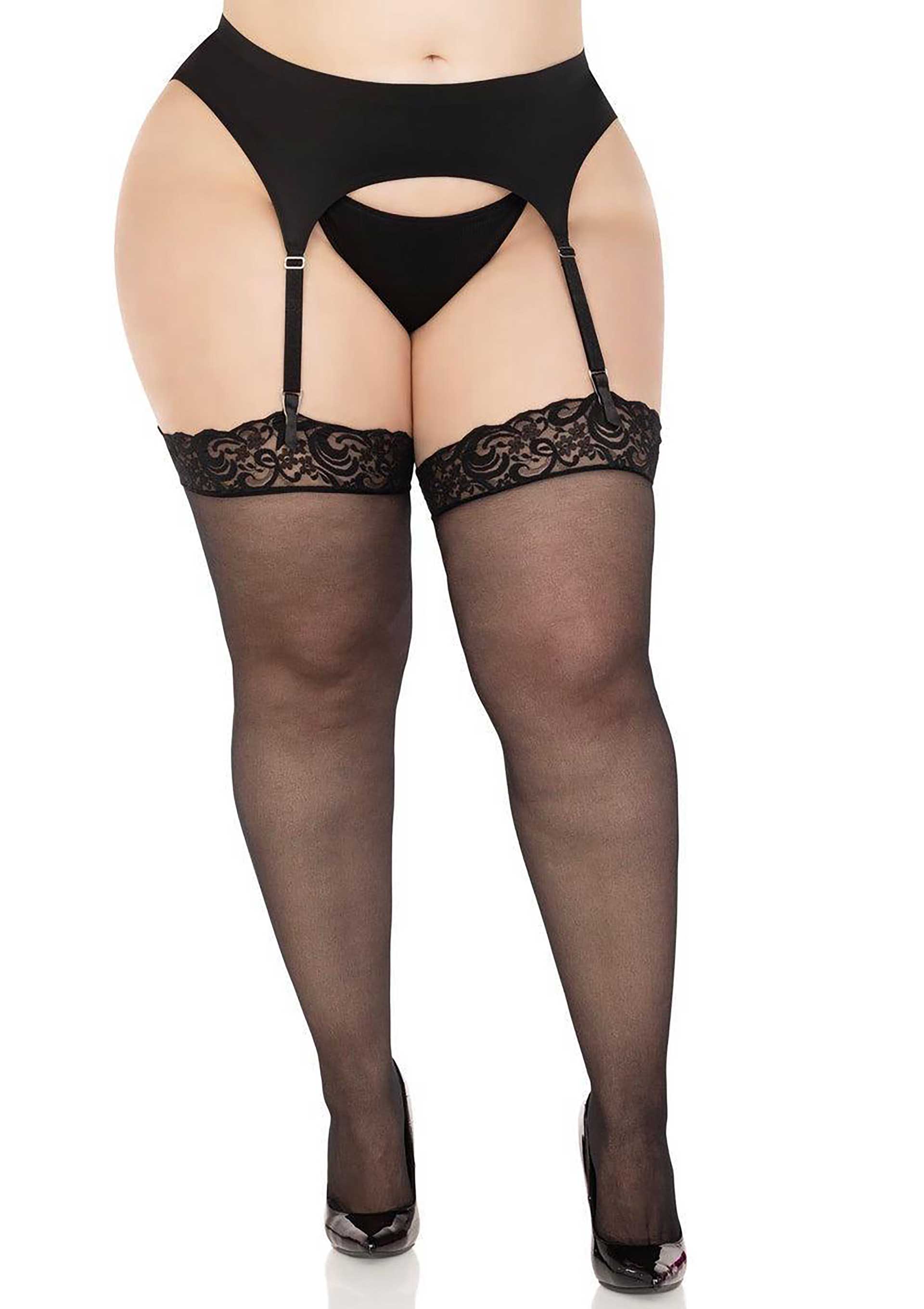 Leg Avenue Plus Sheer Backseam Stockings with Lace Top