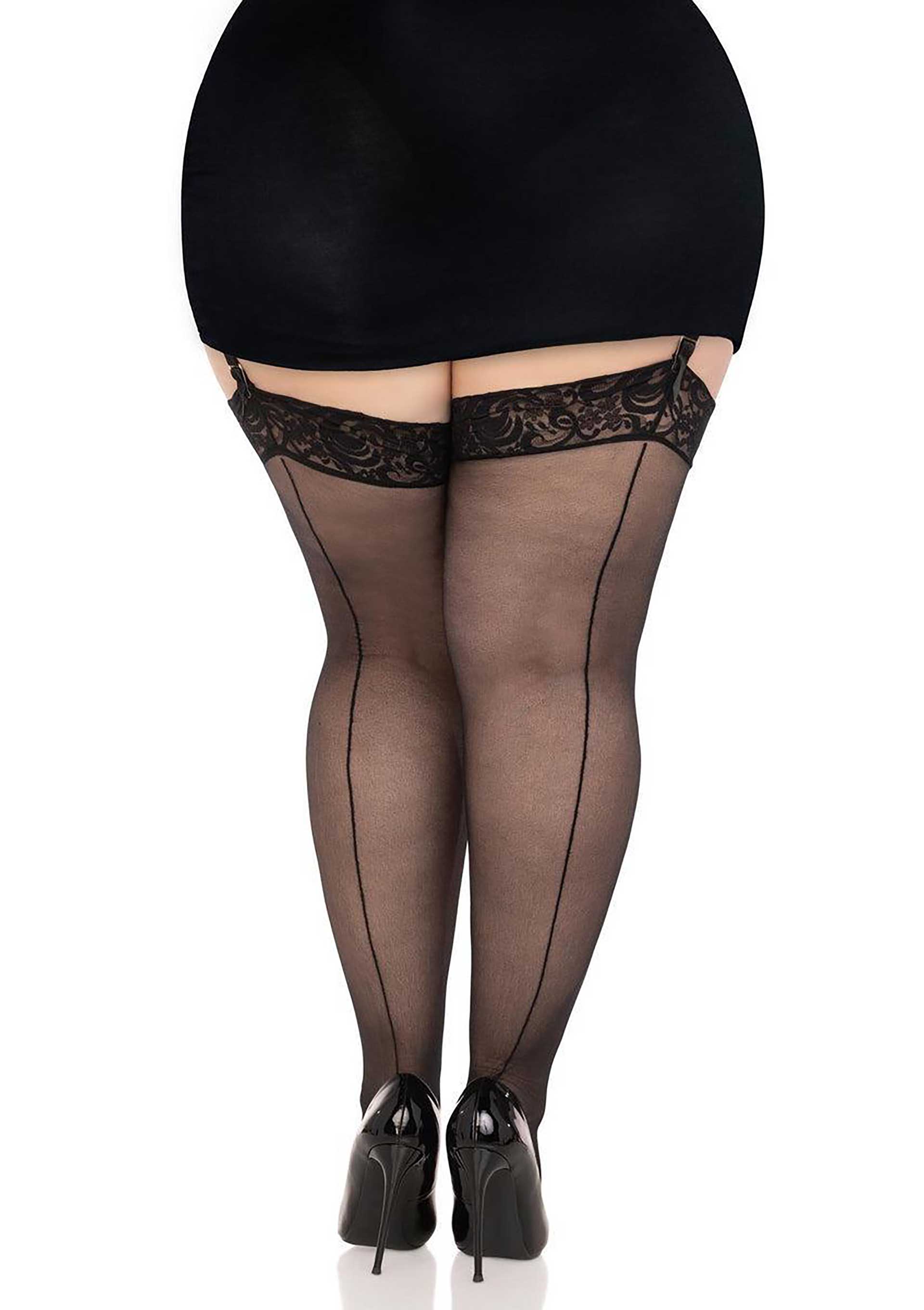 Leg Avenue Plus Sheer Backseam Stockings with Lace Top
