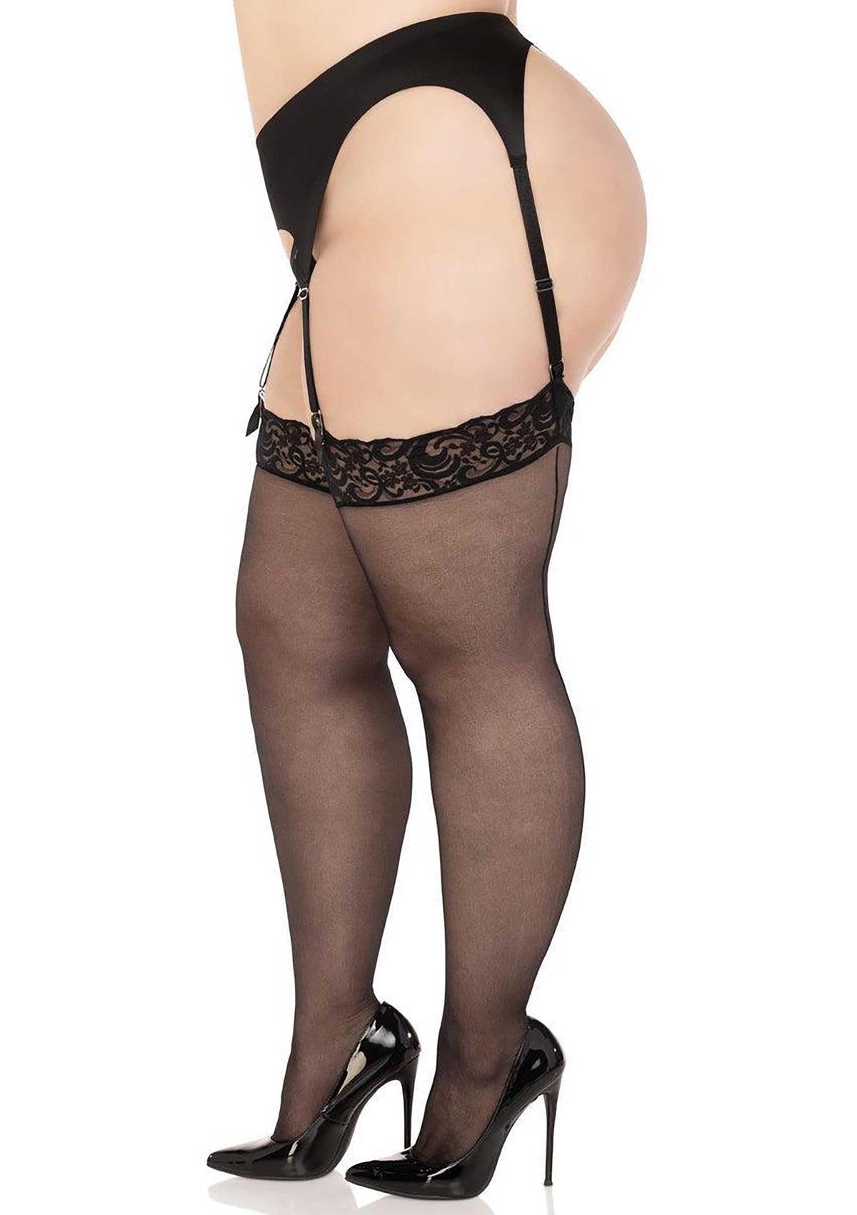 Leg Avenue Plus Sheer Backseam Stockings with Lace Top